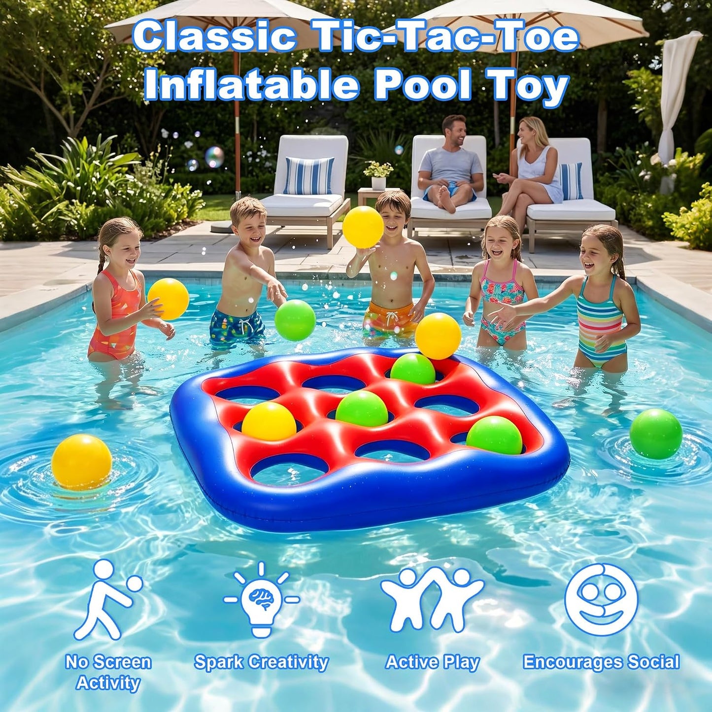 Hot Pool Games Set- Tic-Tac-Toe Inflatable Pool Toys with 10 Balls Fun Summer Swimming Pool Party Beach Lawn Outdoor Camping Party Float Game Water Ball Toys for Adults Teens Kids 2-10 Players