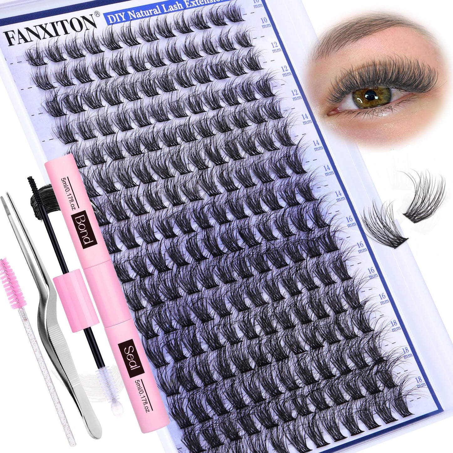 HotFANXITON DIY Individual Eyelash Extension Kit, Thick Volume Lash Clusters 40D+50D D Curvature, 280 Pieces Thin Band Cluster Lashes with Bond and Seal Tweezers