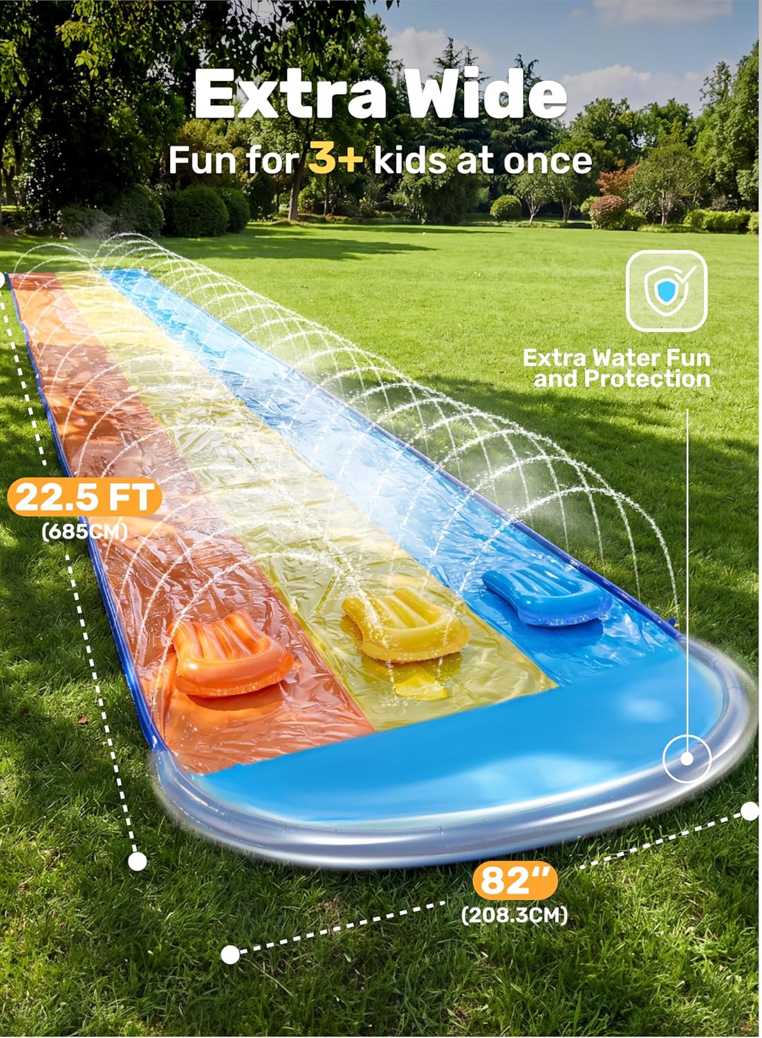Hot Sloosh Triple Water Slide with 3 BodyBoards, 22.5FT Lawn Water Slip Splash Pad Slide Summer Toy with Build in Advanced Sprinkler for Kids Adults Backyard Summer Water Fun