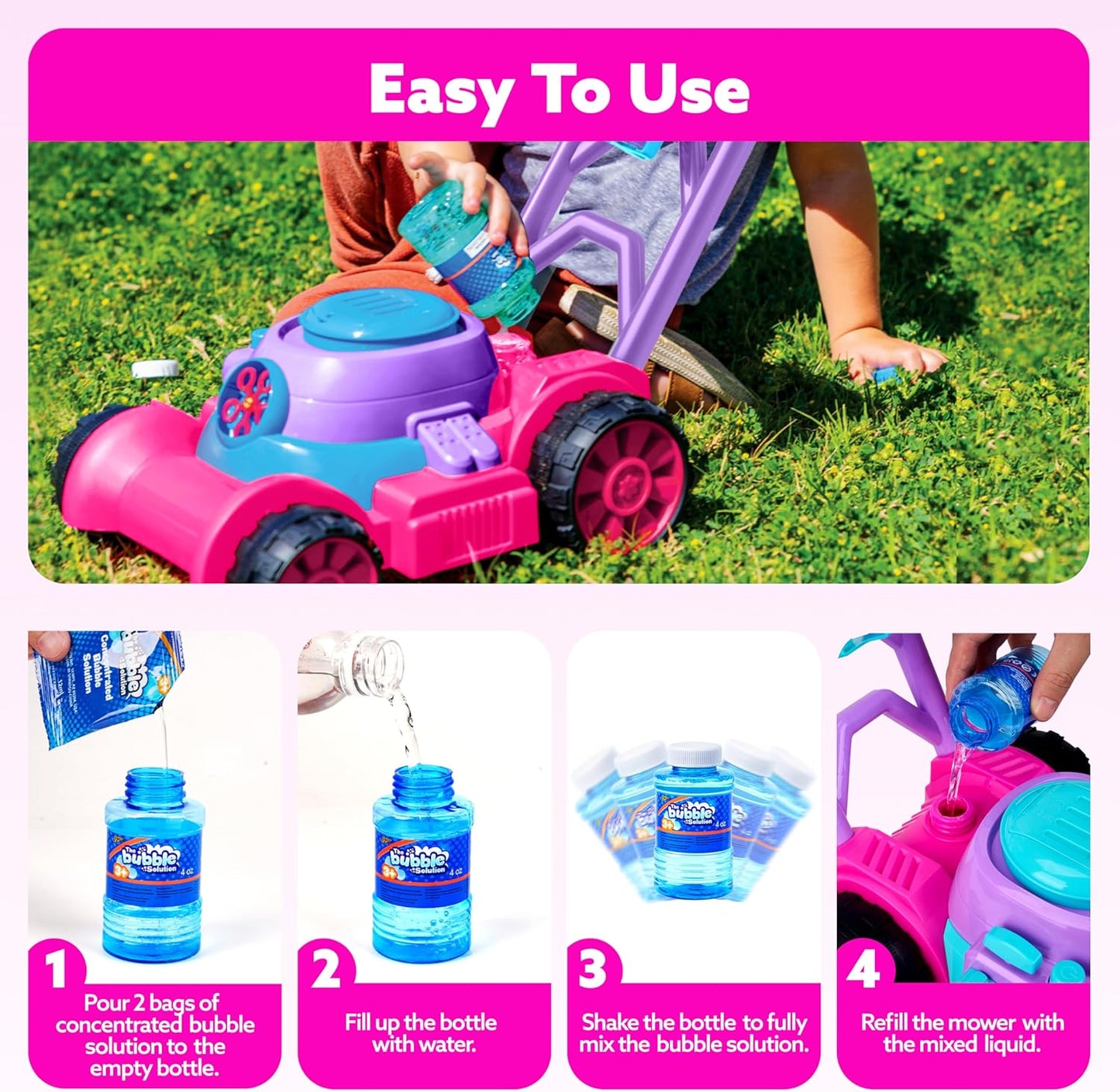 Hot SLOOSH Bubble Lawn Mower Toddler Toys - Spill-Proof Bubble Machine Pretend Gardening Toy for Age 1 2 3 1-3 Year Old Toddler Indoor Outdoor Use, Baby Girl Push Toys Easter Birthday Gift (Pink)