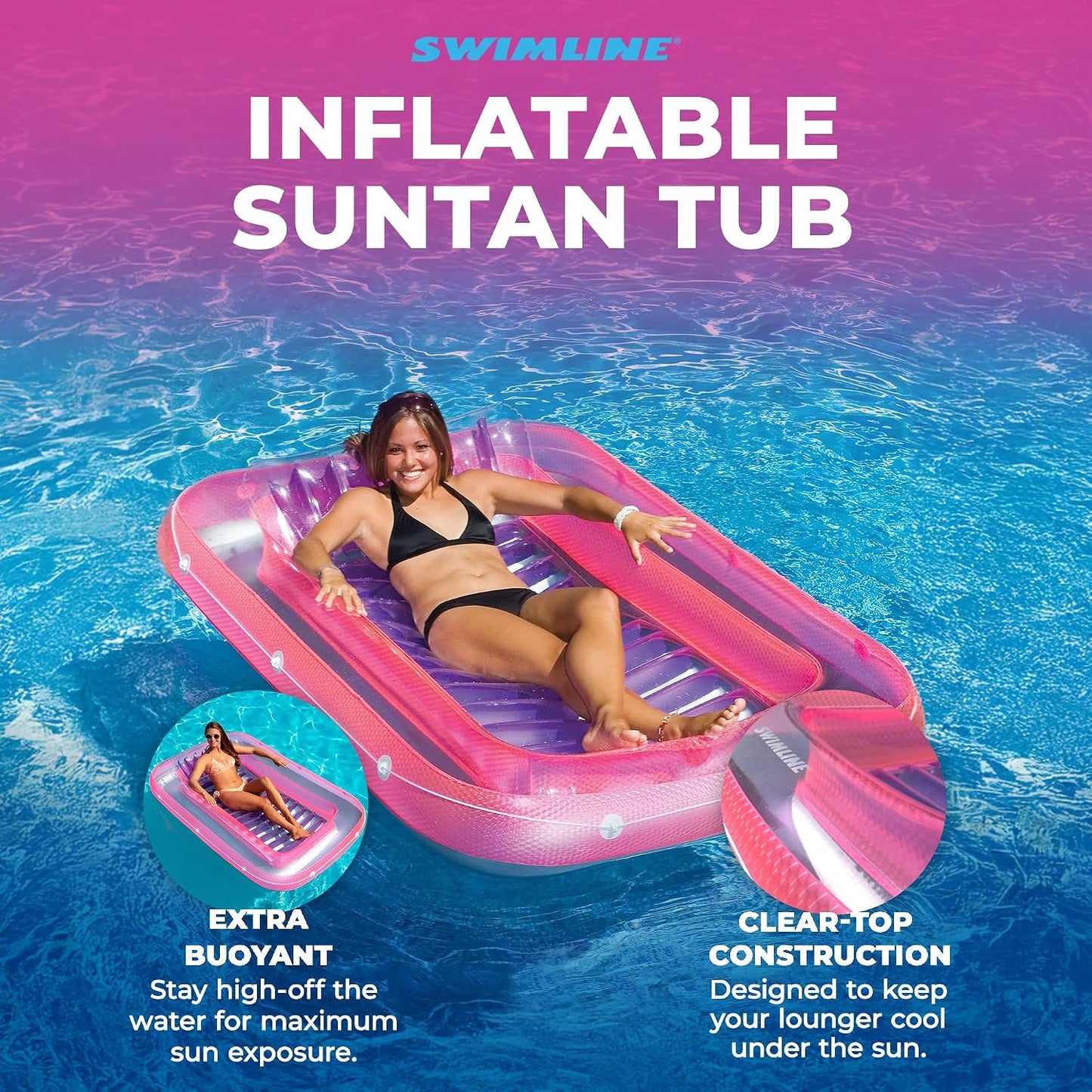 HotSWIMLINE Original Suntan Tub Series Classic Inflatable Tanning Float Floating Lounge | Personal Tan Pool Hybrid Lounger | Adjustable Pillow | Fill with Water | Reflective Tanning Design