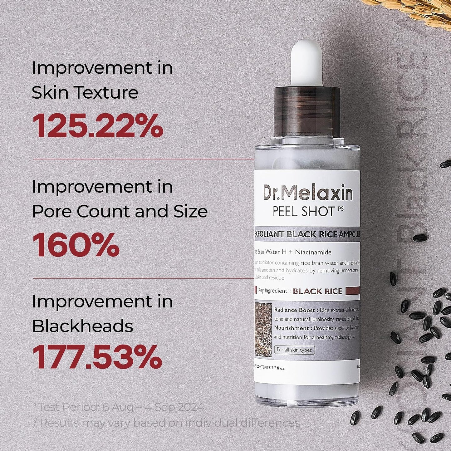 HotDr.Melaxin Peel Shot Black Rice Exfoliating Ampoule, Face Exfoliator with AHA BHA Niacinamide Rice Bran Water, Blackhead Remover, Pore Minimizer, Brightening Glass Skin Serum, Korean Skin Care, 2.7 oz