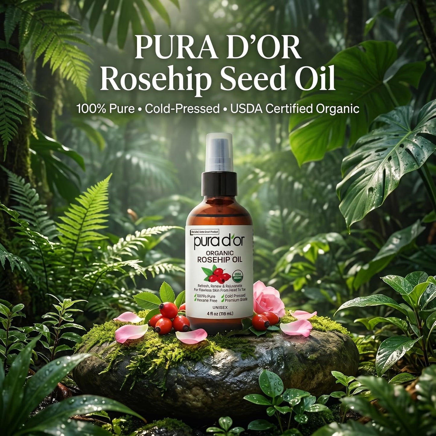 HotPURA D'OR ORGANIC Rosehip Seed Oil 100% Pure Cold Pressed USDA Certified For Hair, Skin, Scalp, Anti Aging Face & Body - Hexane Free Glass Bottle - 4 Oz - Hair Regrowth Tonic