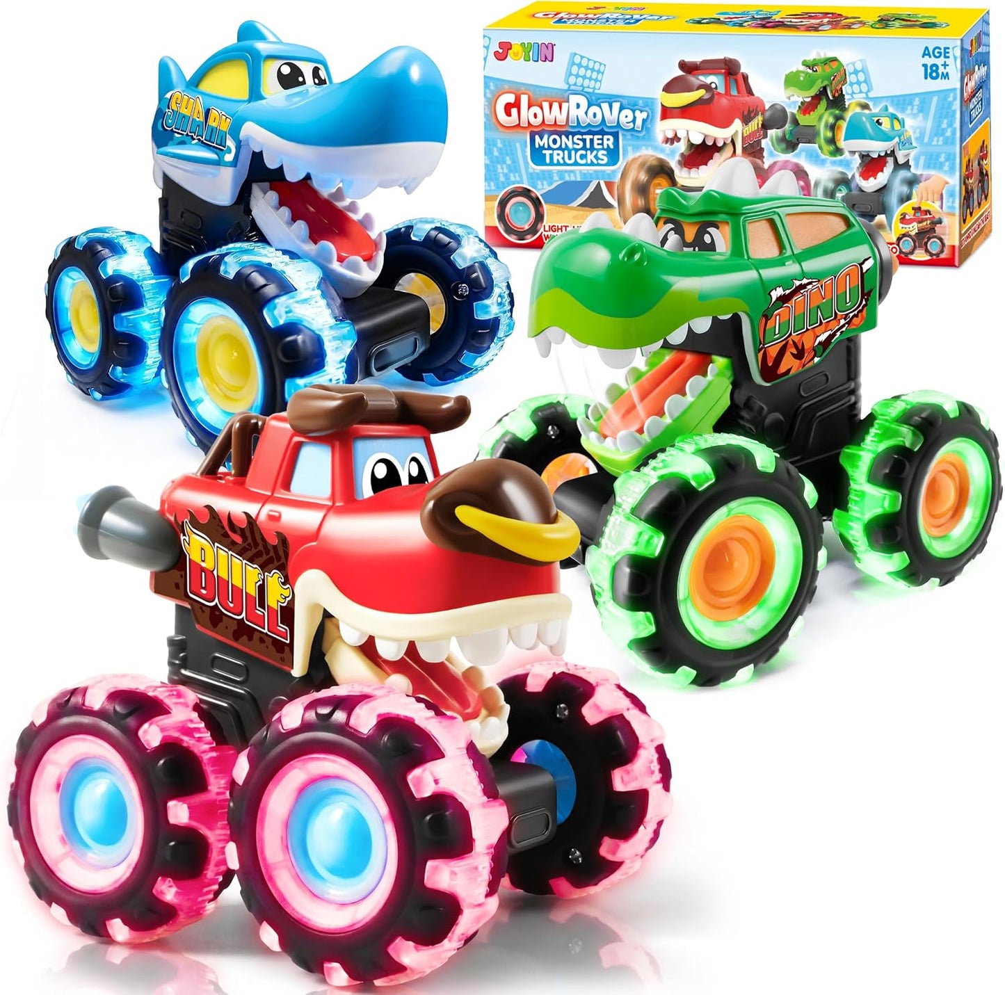HotJOYIN 3 Pack Monster Truck Toy - Motion Activated Light Up Cars for Toddlers - Monster Glow Rover LED Wheels - Baby Boy Toys - Press and Go Dinosaur Trucks for Kids Boy Birthday Gifts