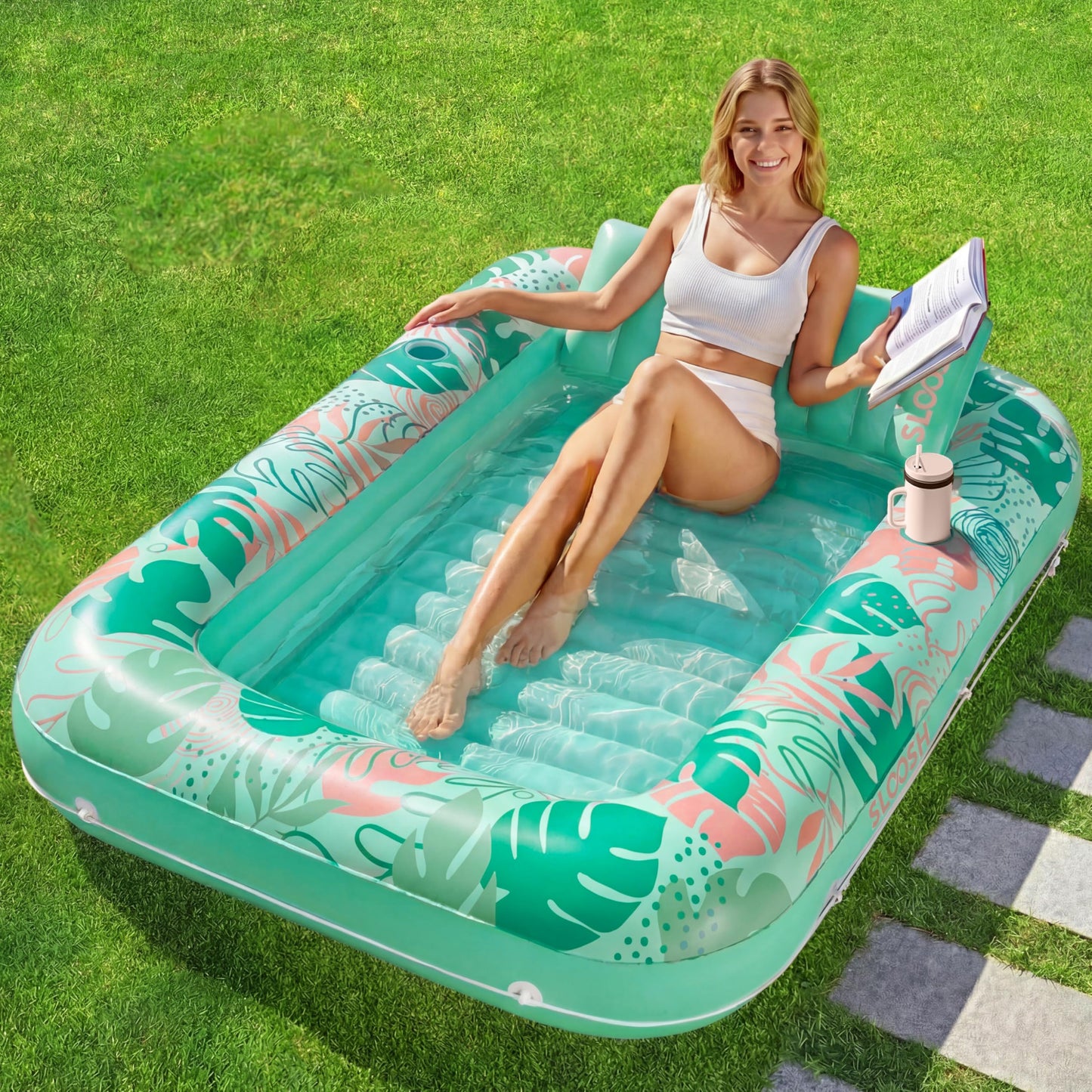 HotSLOOSH Inflatable Tanning Pool Lounger Float, 85" x 57" Extra Large Pool Floats Adult with Pillow, 4 in 1 Suntan Tub Raft Floatie,Sunbathing Bed Lounge for Water Blow Up Ball Pit Party Gifts, XL-Blue
