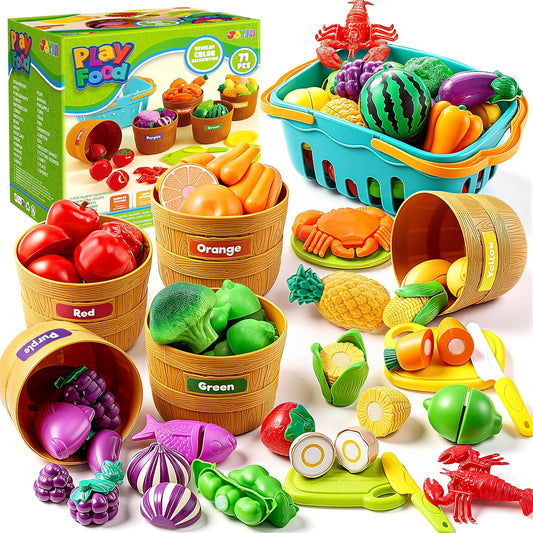 HotJOYIN Learning Toys Play Food Set for Toddlers, Cutting Food for Preschool Activities, Play Kitchen Accessories, Educational Toys, Color Sorting Set for Boys & Girls, Back to School Gifts for Toddlers