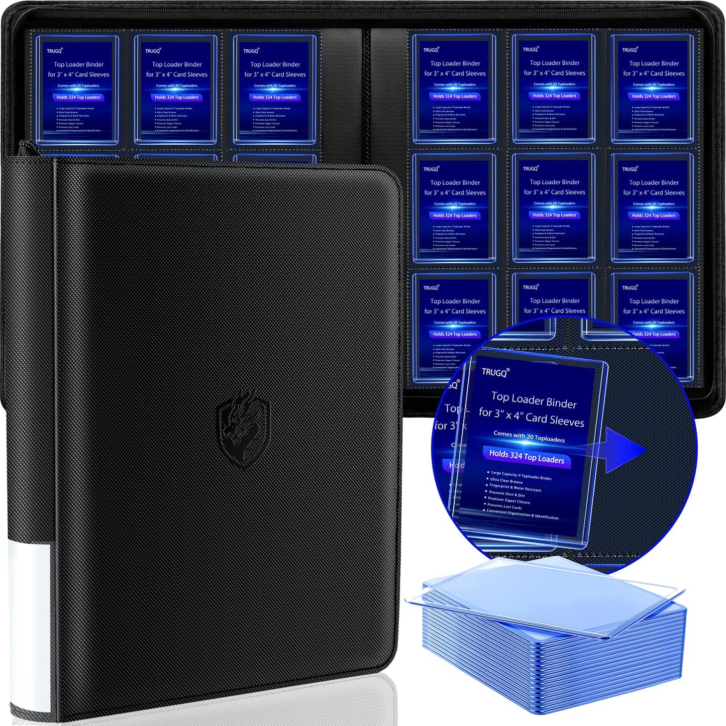HotToploader Binder Holds 324 Toploaders - 20 Toploaders|Waterproof PU Leather + Anti-Yellowing PP Inserts | Ridge Tab Sorting Portable top loader binder for cards(For Sports/Game Cards)
