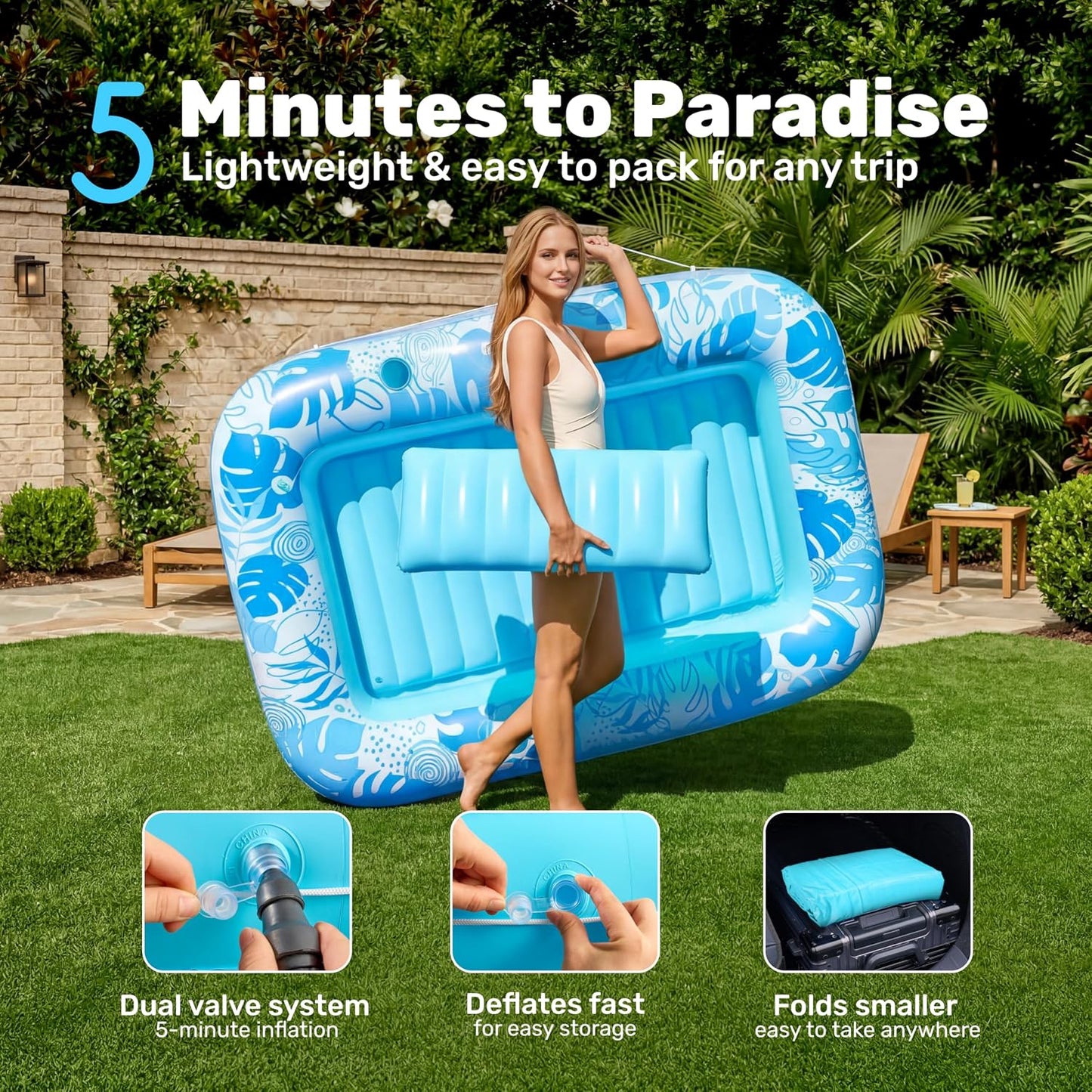 HotSLOOSH Inflatable Tanning Pool Lounger Float, 70" x 46" Pool Floats Adult with Pillow, 4 in 1 Suntan Tub Raft Floatie,Sunbathing Bed Lounge for Water Blow Up Kids Ball Pit Party Gifts, L-Blue