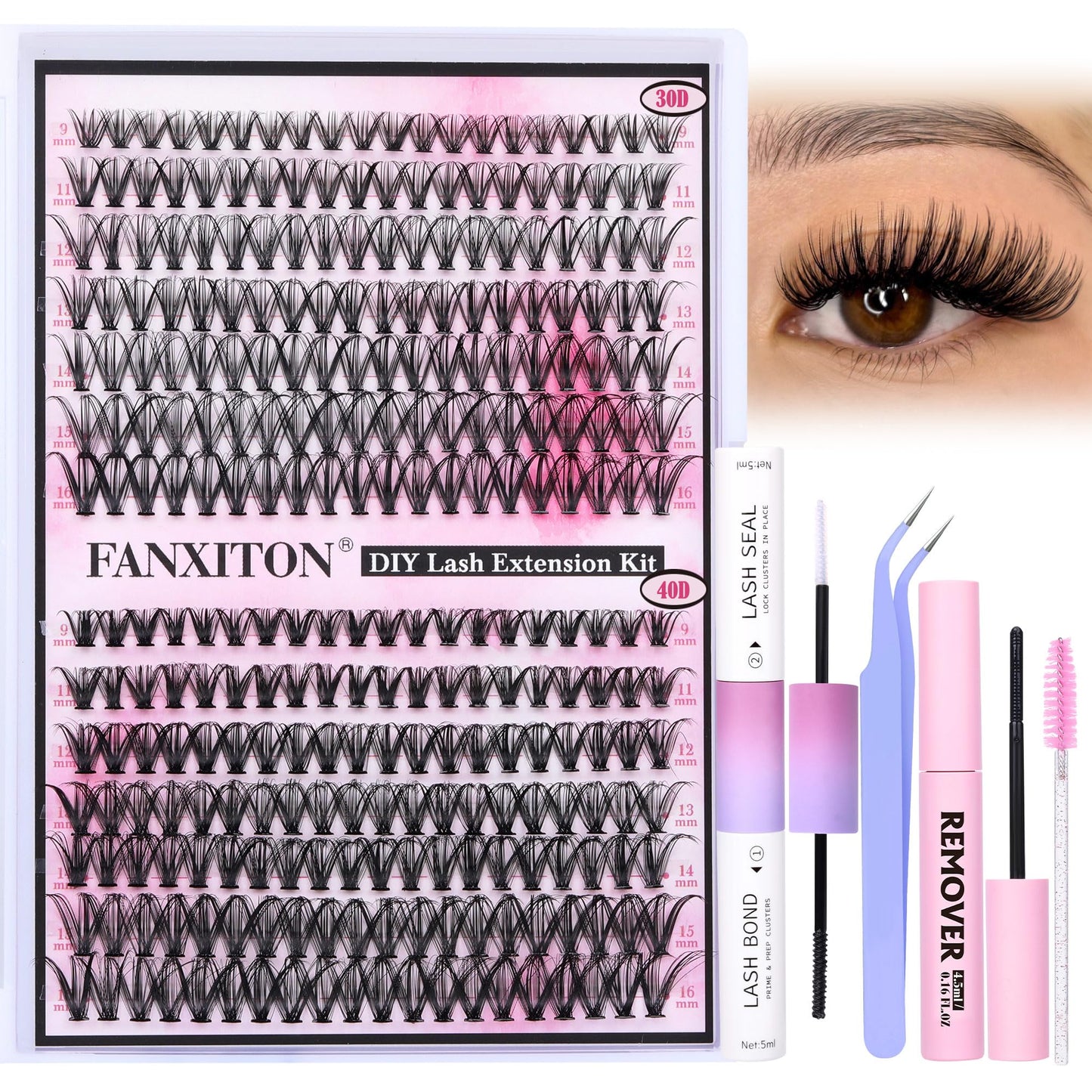 HotFANXITON DIY Individual Eyelash Extension Kit, Thick Volume Lash Clusters 40D+50D D Curvature, 280 Pieces Thin Band Cluster Lashes with Bond and Seal Tweezers