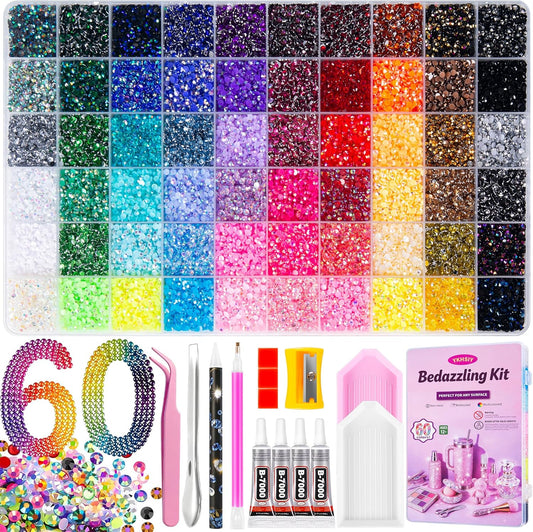 HotBedazzling Kit 48000Pcs 60 Colors Resin Jelly Rhinestones, Multicolor 3mm Flatback Gems for Diamond Art, Bedazzler Kit with 4Pcs 10ml B7000 Jewelry Glue & Tools - Christmas Birthday Gifts for Women