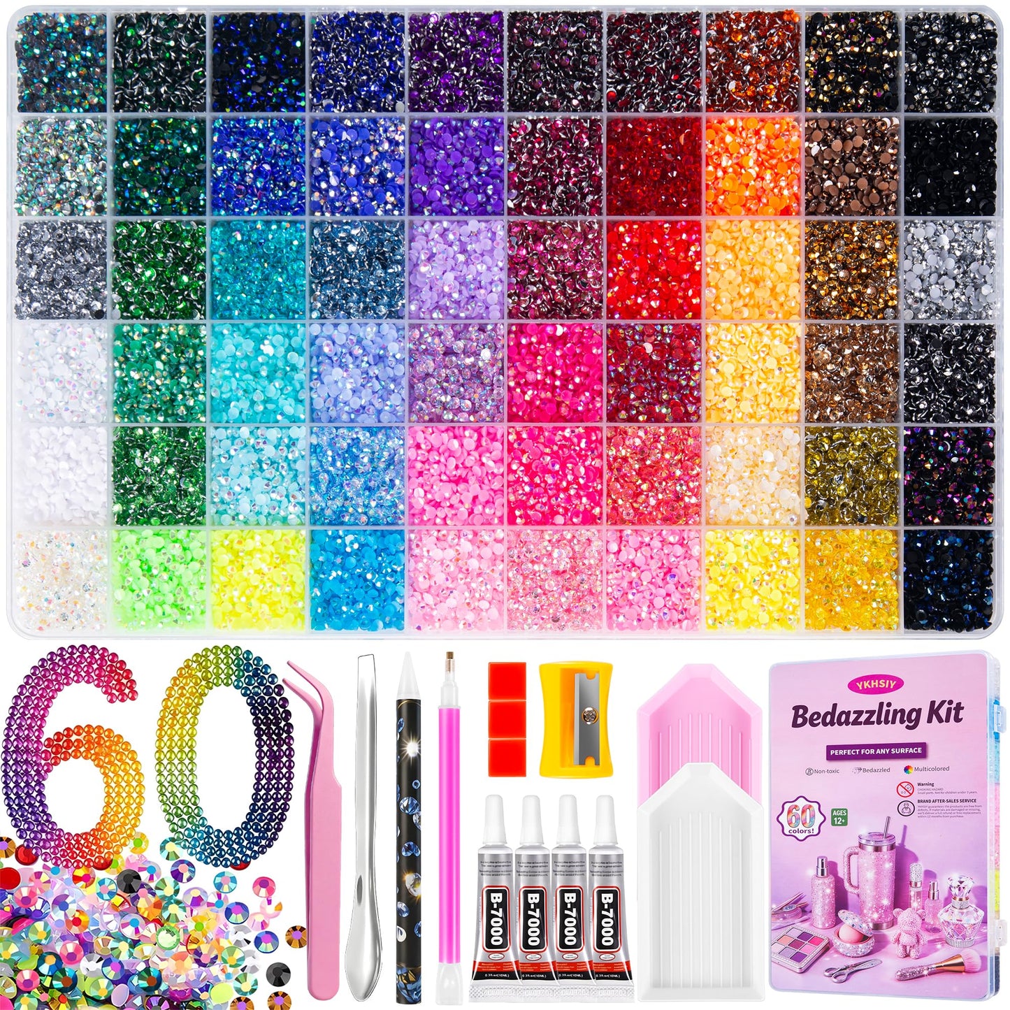 HotBedazzling Kit 48000Pcs 60 Colors Resin Jelly Rhinestones, Multicolor 3mm Flatback Gems for Diamond Art, Bedazzler Kit with 4Pcs 10ml B7000 Jewelry Glue & Tools - Christmas Birthday Gifts for Women