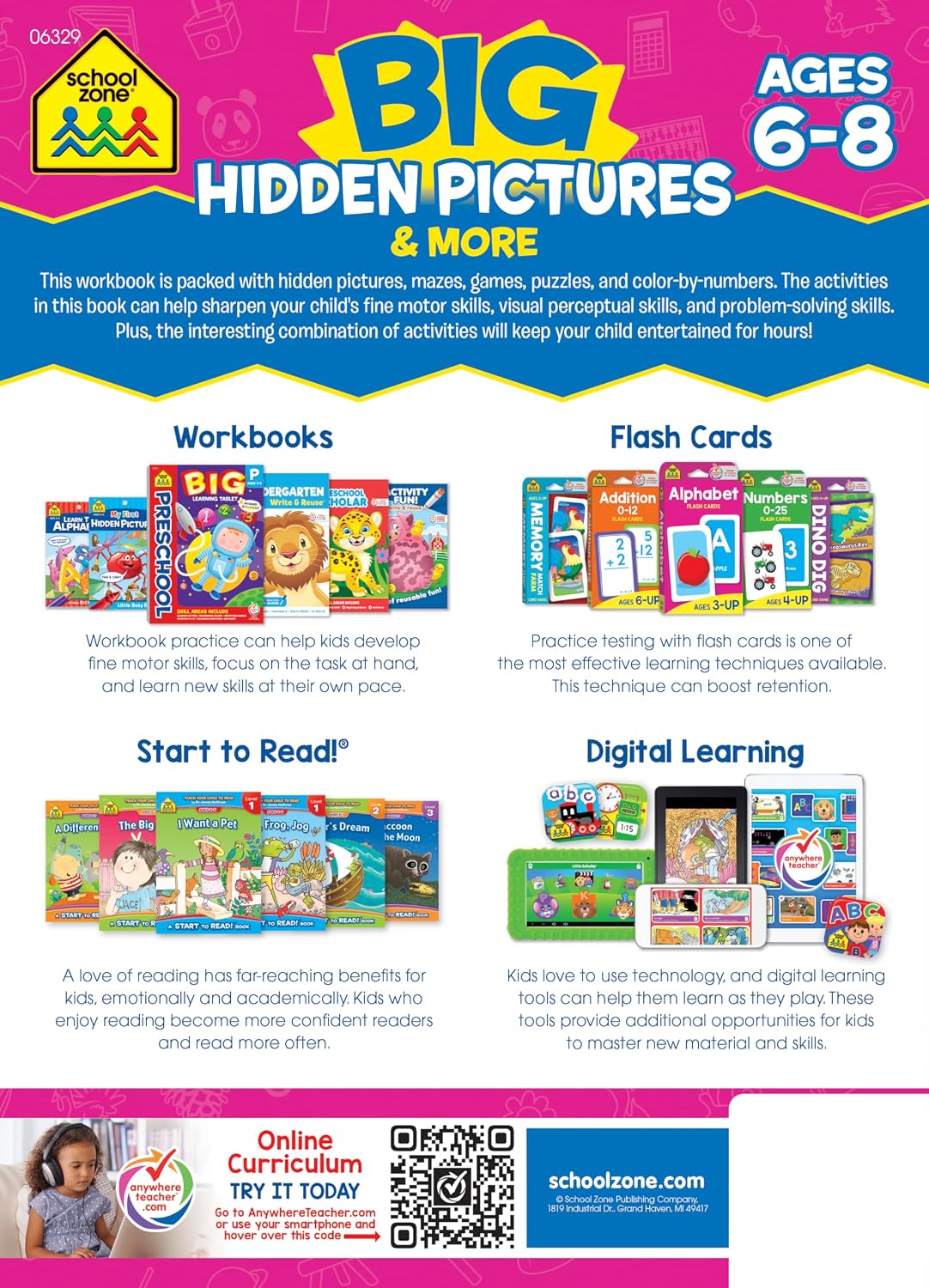 Hot School Zone Big Hidden Pictures & More Workbook: 320 Pages, 1st Grade, 2nd Grade, Search & Find, Picture Puzzles, Hidden Objects, Mazes, Ages 6 to 8
