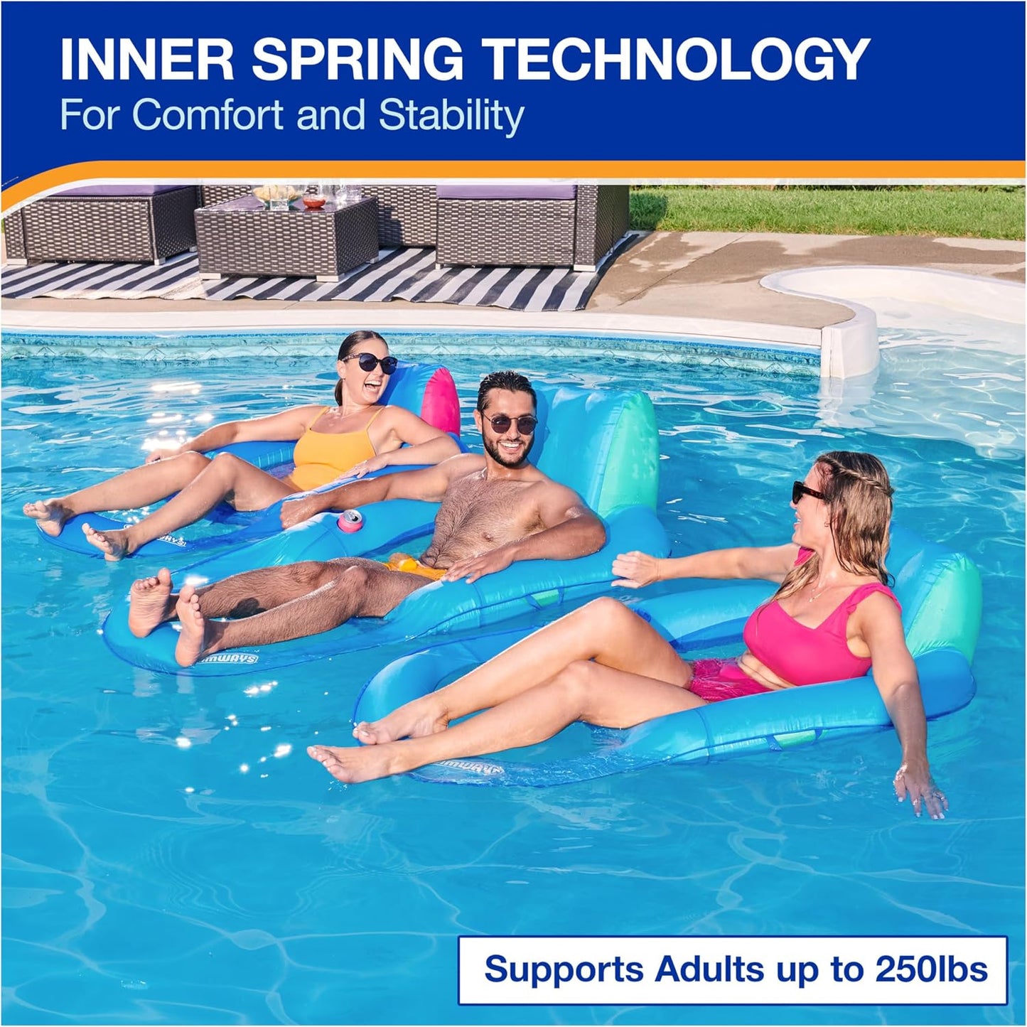 HotSwimWays Spring Float Recliner, Fast-Inflating Adult Pool Lounger; Ages 15+ | Patented Fast Inflation for Immediate Use During Travel, Fits Most Adults and Teens, Teens & Adults Can Lounge Comfortably