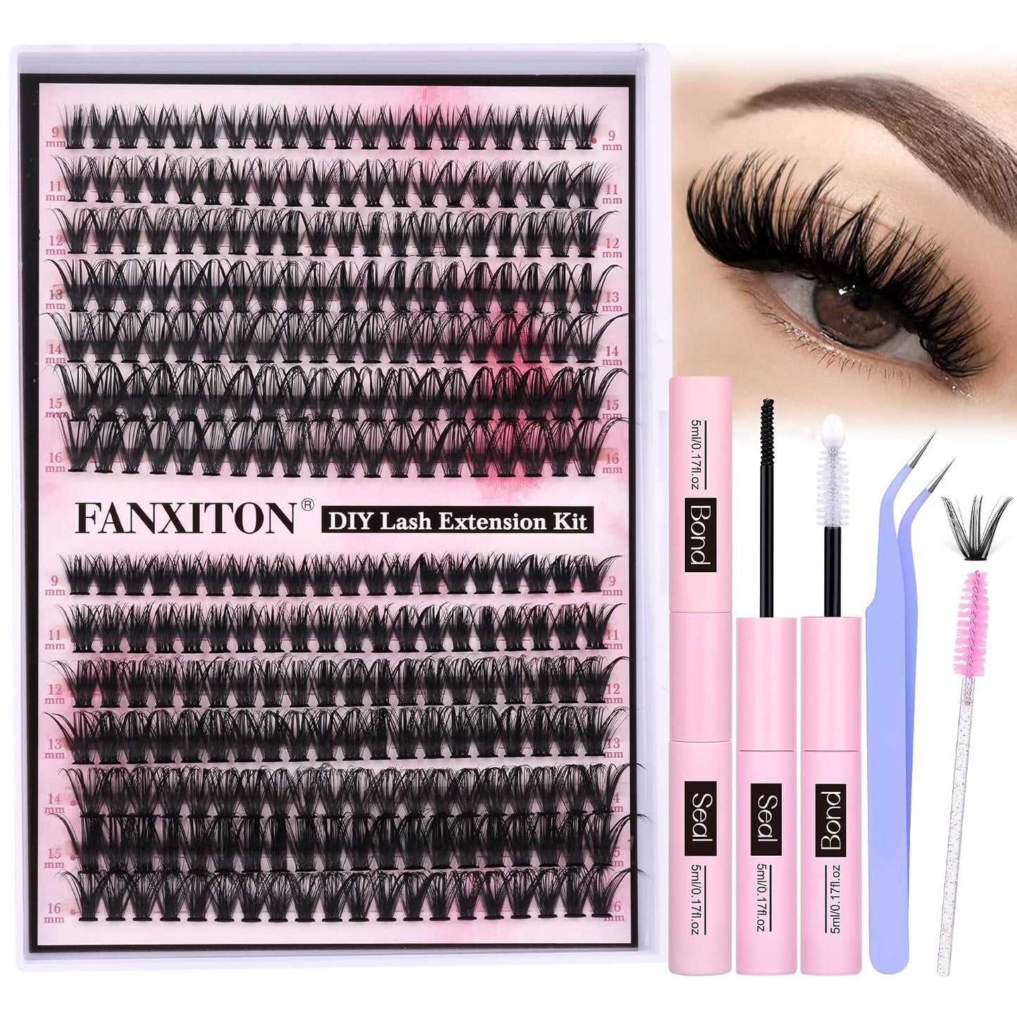 HotFANXITON DIY Individual Eyelash Extension Kit, Thick Volume Lash Clusters 40D+50D D Curvature, 280 Pieces Thin Band Cluster Lashes with Bond and Seal Tweezers