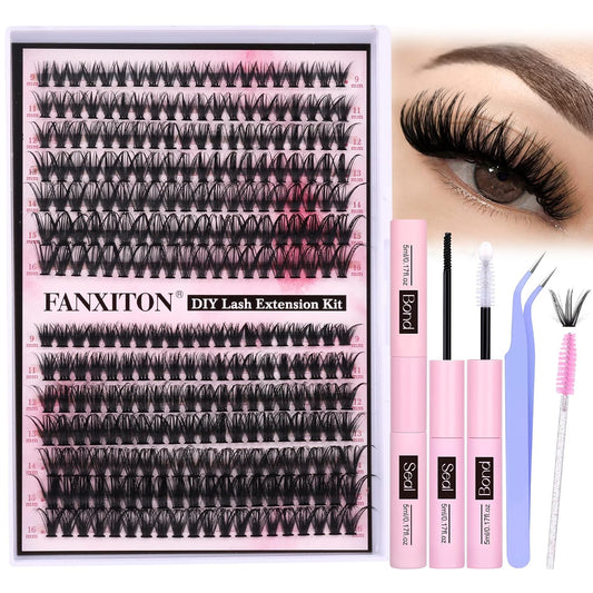 HotFANXITON DIY Individual Eyelash Extension Kit, Thick Volume Lash Clusters 40D+50D D Curvature, 280 Pieces Thin Band Cluster Lashes with Bond and Seal Tweezers