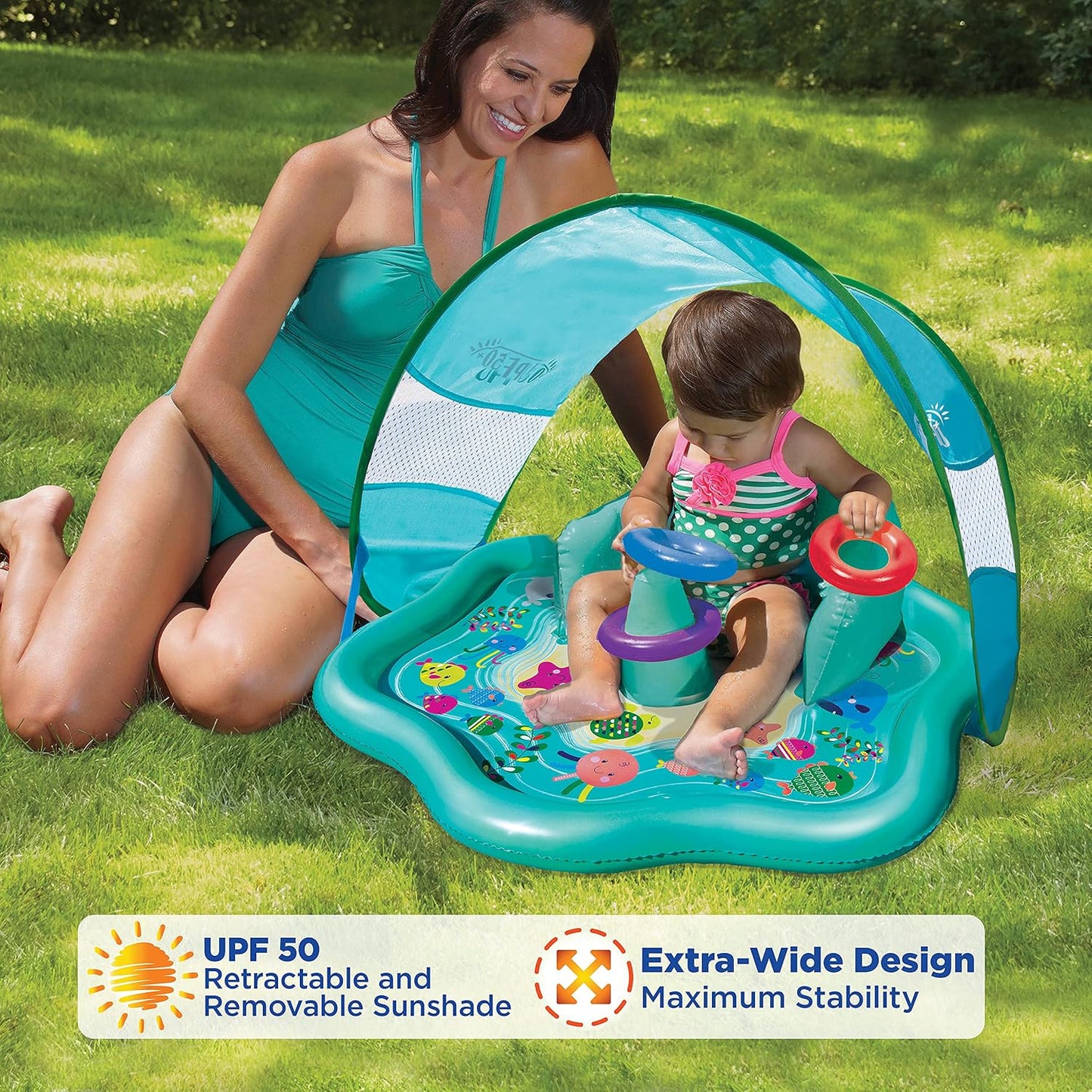 HotSwimSchool Infant Baby Pool Floats, Free Swimming, Super Buoyant – Ages 6-24 Months – Multiple Colors/Styles – Adjustable Canopies and Seats, Splash & Play Baby Floaties