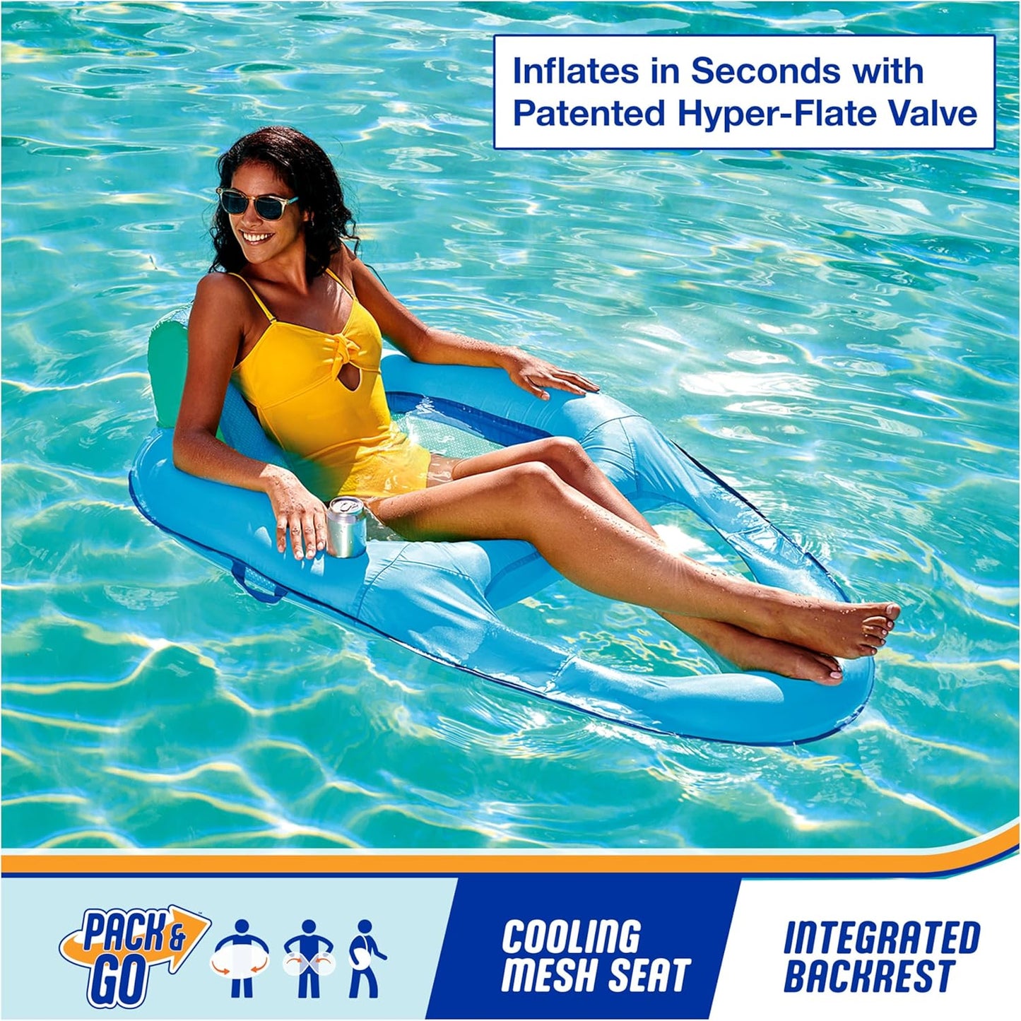 HotSwimWays Spring Float Recliner, Fast-Inflating Adult Pool Lounger; Ages 15+ | Patented Fast Inflation for Immediate Use During Travel, Fits Most Adults and Teens, Teens & Adults Can Lounge Comfortably