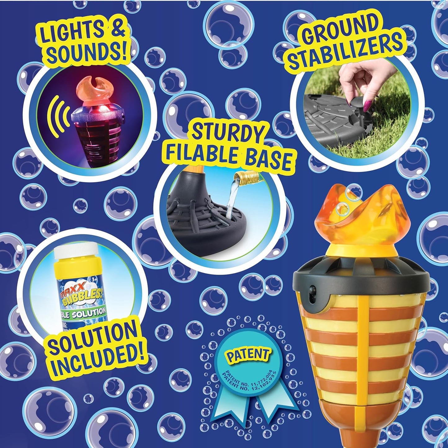 HotTiki Torch Bubbler - Summer Pool Party Bubble Machine with Lights and Music, Bubble Blower and Wand, Rechargeable Outdoor Toy for Kids Teens Birthday Party, 4 Feet Tall, Includes 4oz Bubble Solution