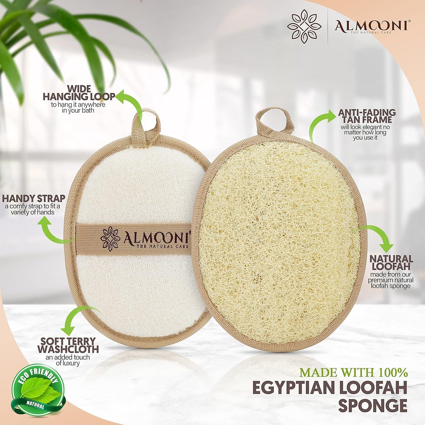 HotAlmooni Natural Loofah Exfoliating Body Scrubber, Made with Natural Egyptian Shower Loofah Sponge, Bath Shower Loofah Sponge for Women and Men, for Face and Body That Gets You Clean - 2 Count (1 Pack)