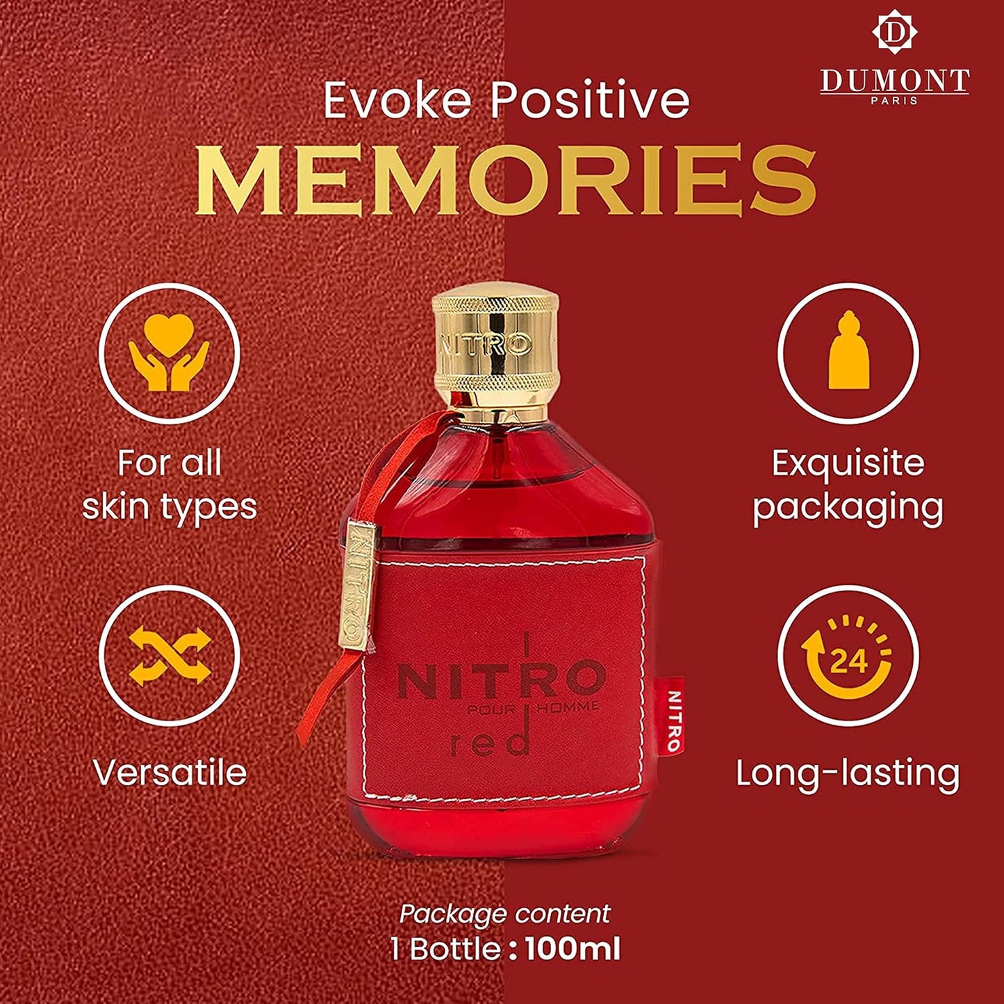 Hot Dumont Nitro Red 3.4 Fl Oz Eau De Parfum for Men – Rich Fruity Woody Floral Fragrance – Luxurious Long Lasting Scent