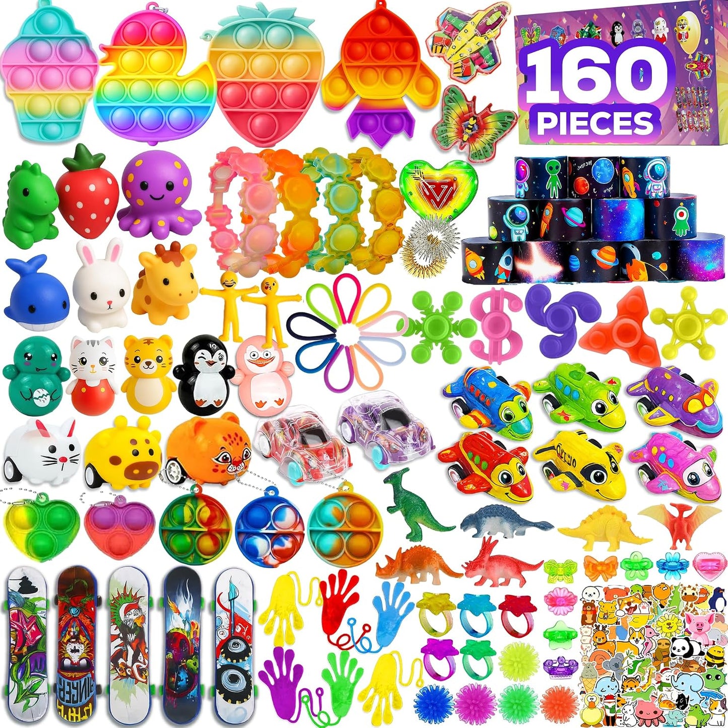 Hot160 Pcs Fidget Toys Party Favors Pack, Randomly Selected Pop Sensory Set Gifts Stickers for Kids Adults Boy Girl Stocking Stuffers Autistic Bulk Goodie Bag Filler Treasure Box Classroom Prizes School
