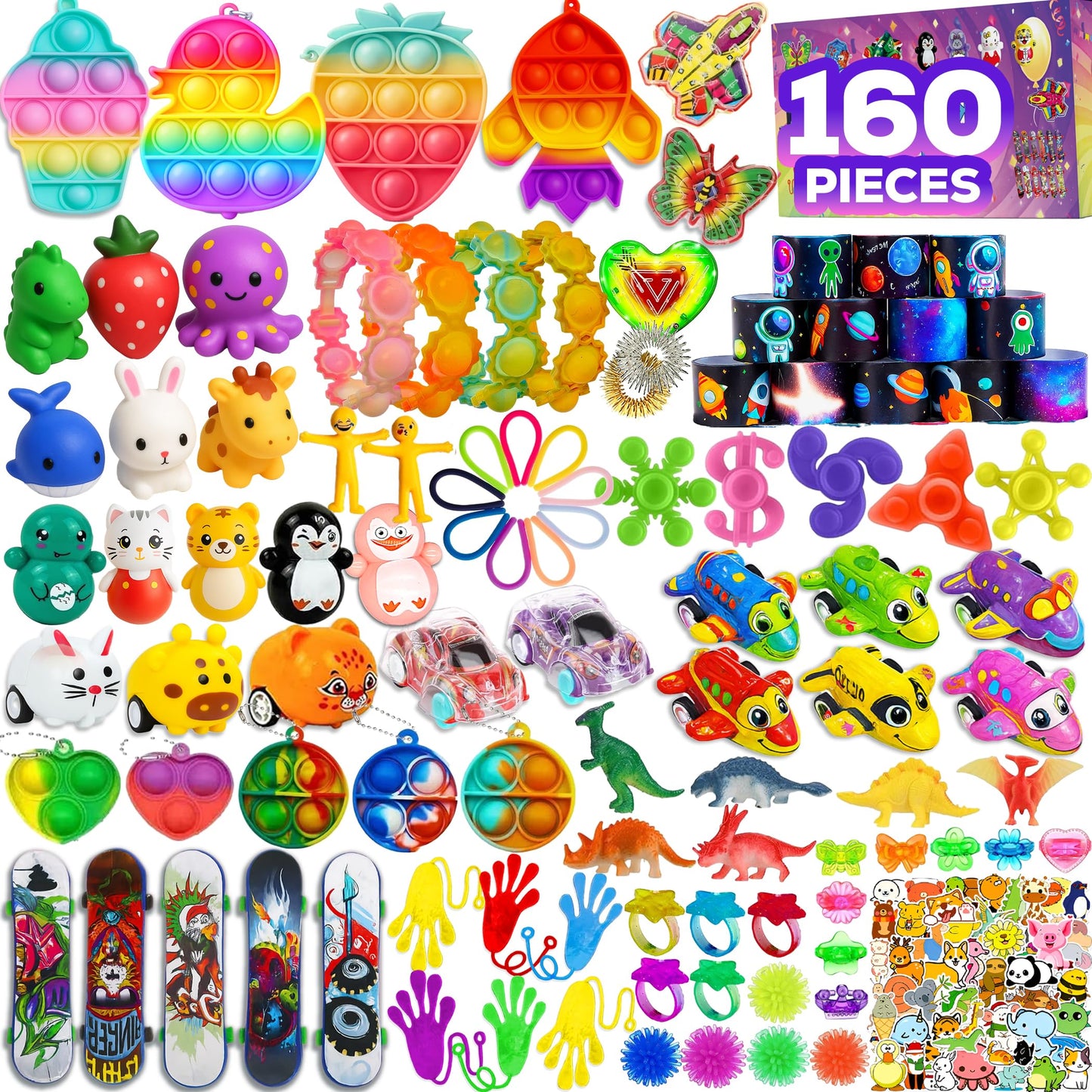 Hot160 Pcs Fidget Toys Party Favors Pack, Randomly Selected Pop Sensory Set Gifts Stickers for Kids Adults Boy Girl Stocking Stuffers Autistic Bulk Goodie Bag Filler Treasure Box Classroom Prizes School