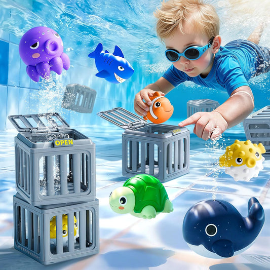 HotFunscape Kids Pool Diving Toys, Water Swimming Dive Pool Game, Toddler Bath Toy Play Set W/ Fish Box Floating Animals, Fun Outdoor Beach Lake Swim Summer Party Gift 3 4 5 6 7 8 10 12 Year Old Boy Girl