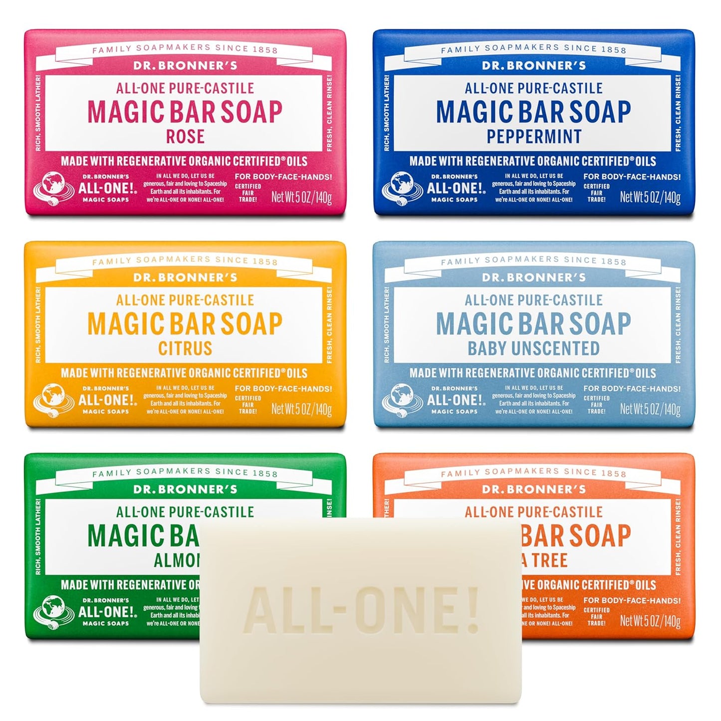 HotDr. Bronner's Pure-Castile Magic Bar Soaps (5 Ounce Variety Gift Pack) Almond, Unscented, Lavender, Peppermint, Citrus, Rose - Made with Regenerative Organic Certified Oils, Vegan, Non-GMO