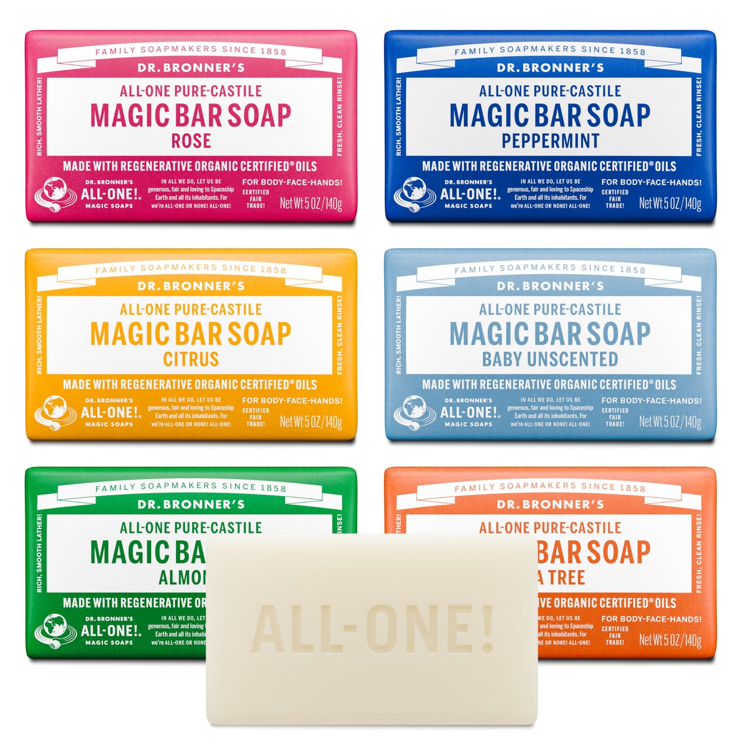 HotDr. Bronner's Pure-Castile Magic Bar Soaps (5 Ounce Variety Gift Pack) Almond, Unscented, Lavender, Peppermint, Citrus, Rose - Made with Regenerative Organic Certified Oils, Vegan, Non-GMO