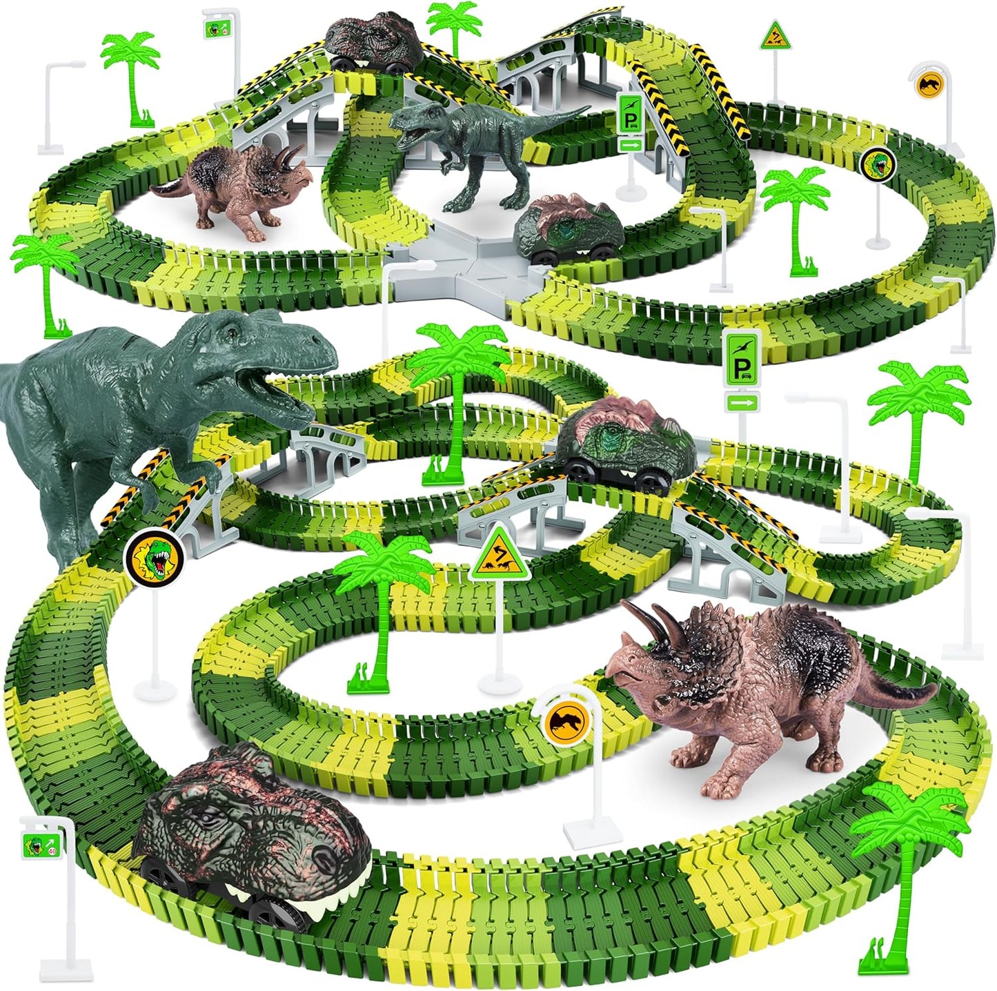 HotDinosaur Toys,Create A Dinosaur World Road Race,Flexible Track Playset and 2 pcs Cool Dinosaur car for 3 4 5 6 Year & Up Old boy Girls Best Gift
