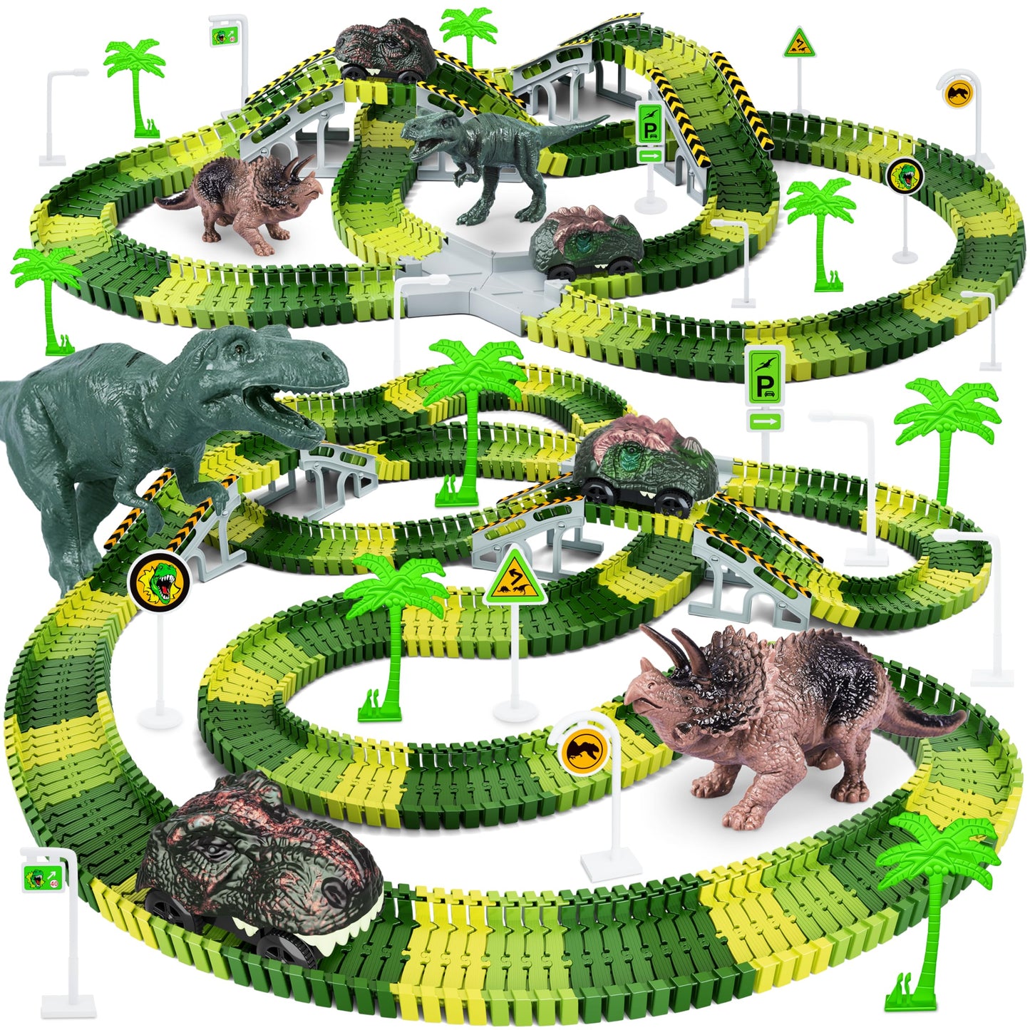 HotDinosaur Toys,Create A Dinosaur World Road Race,Flexible Track Playset and 2 pcs Cool Dinosaur car for 3 4 5 6 Year & Up Old boy Girls Best Gift