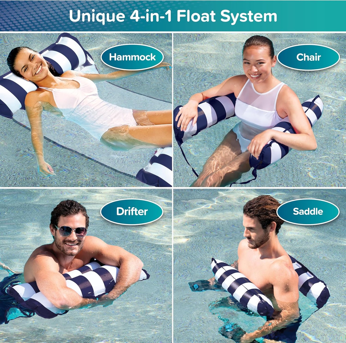 HotAqua 4-in-1 Monterey Hammock Pool Float & Water Hammocks – 2-3-4 Multipacks – Multiple Colors/Styles – for Adults and Kids Floating