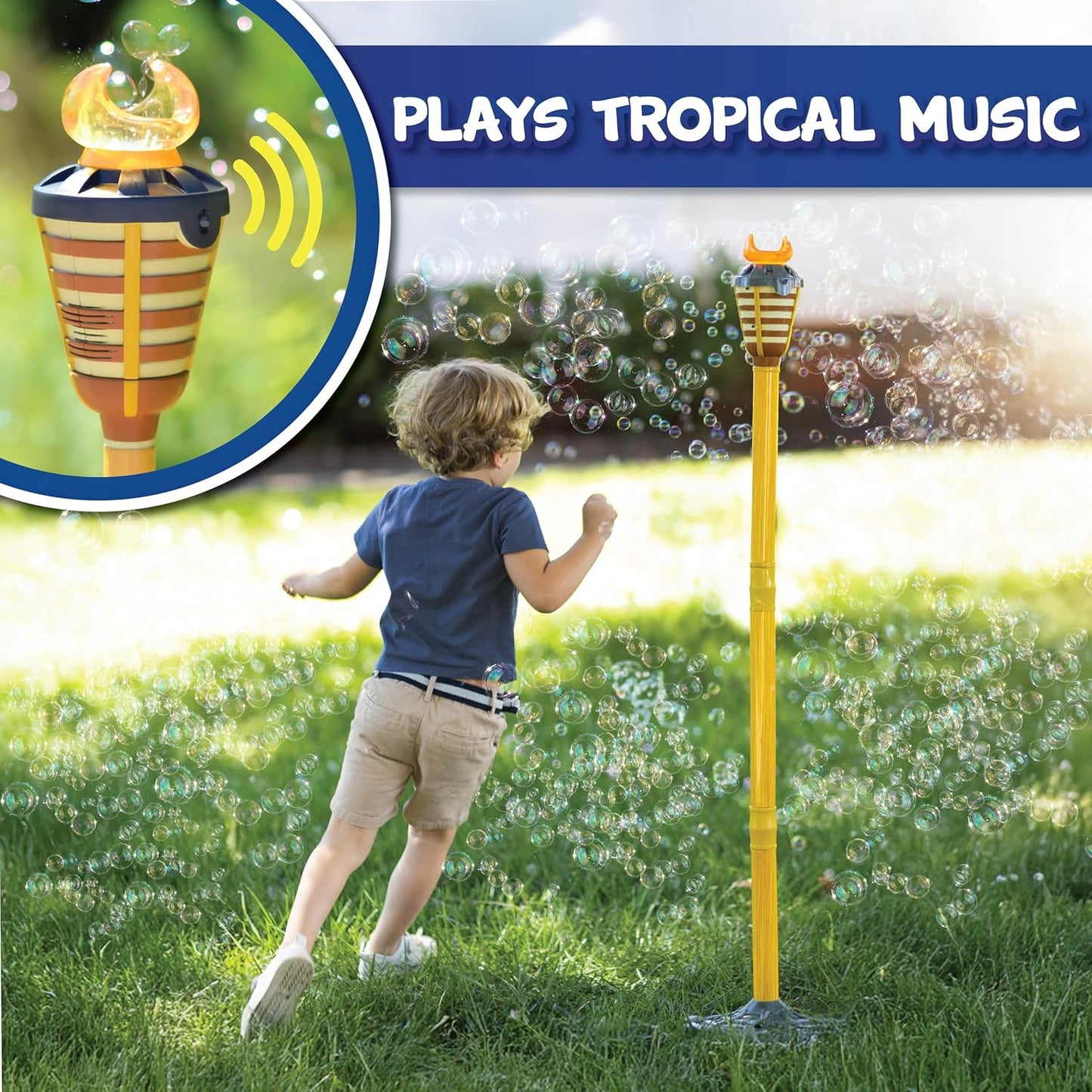 HotTiki Torch Bubbler - Summer Pool Party Bubble Machine with Lights and Music, Bubble Blower and Wand, Rechargeable Outdoor Toy for Kids Teens Birthday Party, 4 Feet Tall, Includes 4oz Bubble Solution