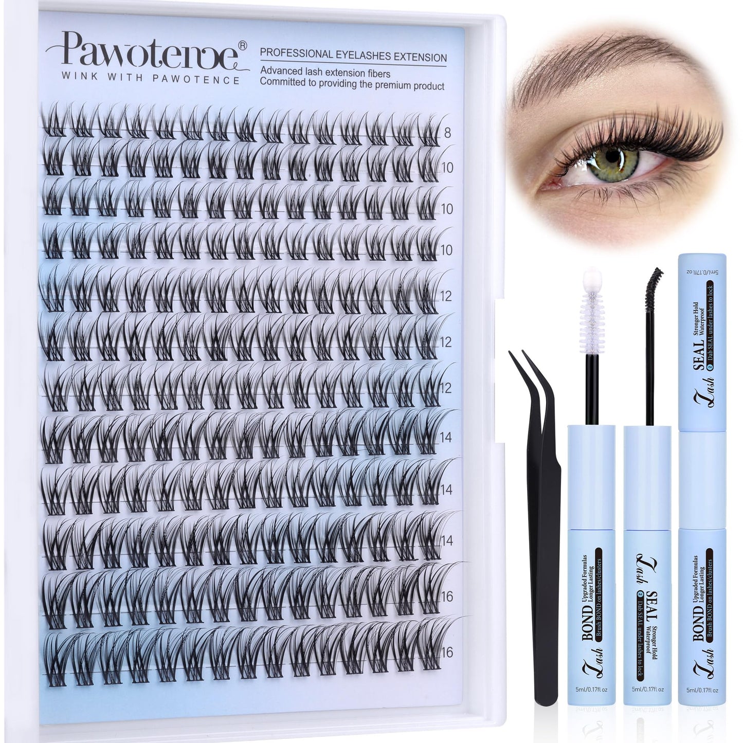 HotPawotence Lash Extension Kit DIY 280pcs Lash Clusters Eyelash Extension Kit, 9-16mm 30D 40D Individual Lashes Kit with Lash Bond and Seal, Lash Tweezers for Self Use (30D&40D, 0.07D, 9-16mm, Kit)