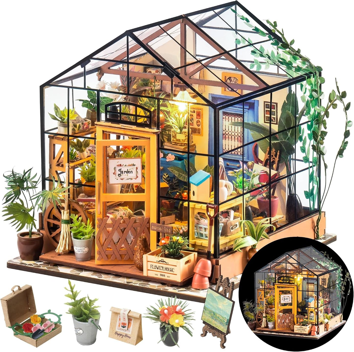 HotRolife DIY Miniature Greenhouse Kit, Tiny/Mini House Making Kit with Furniture for Adults, Furniture, Halloween/Christmas Decorations, Gifts for Family and Friends (Cathy's Greenhouse)
