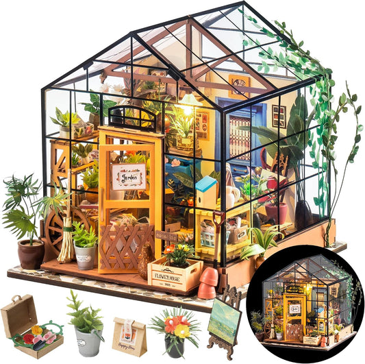 HotRolife DIY Miniature Greenhouse Kit, Tiny/Mini House Making Kit with Furniture for Adults, Furniture, Halloween/Christmas Decorations, Gifts for Family and Friends (Cathy's Greenhouse)