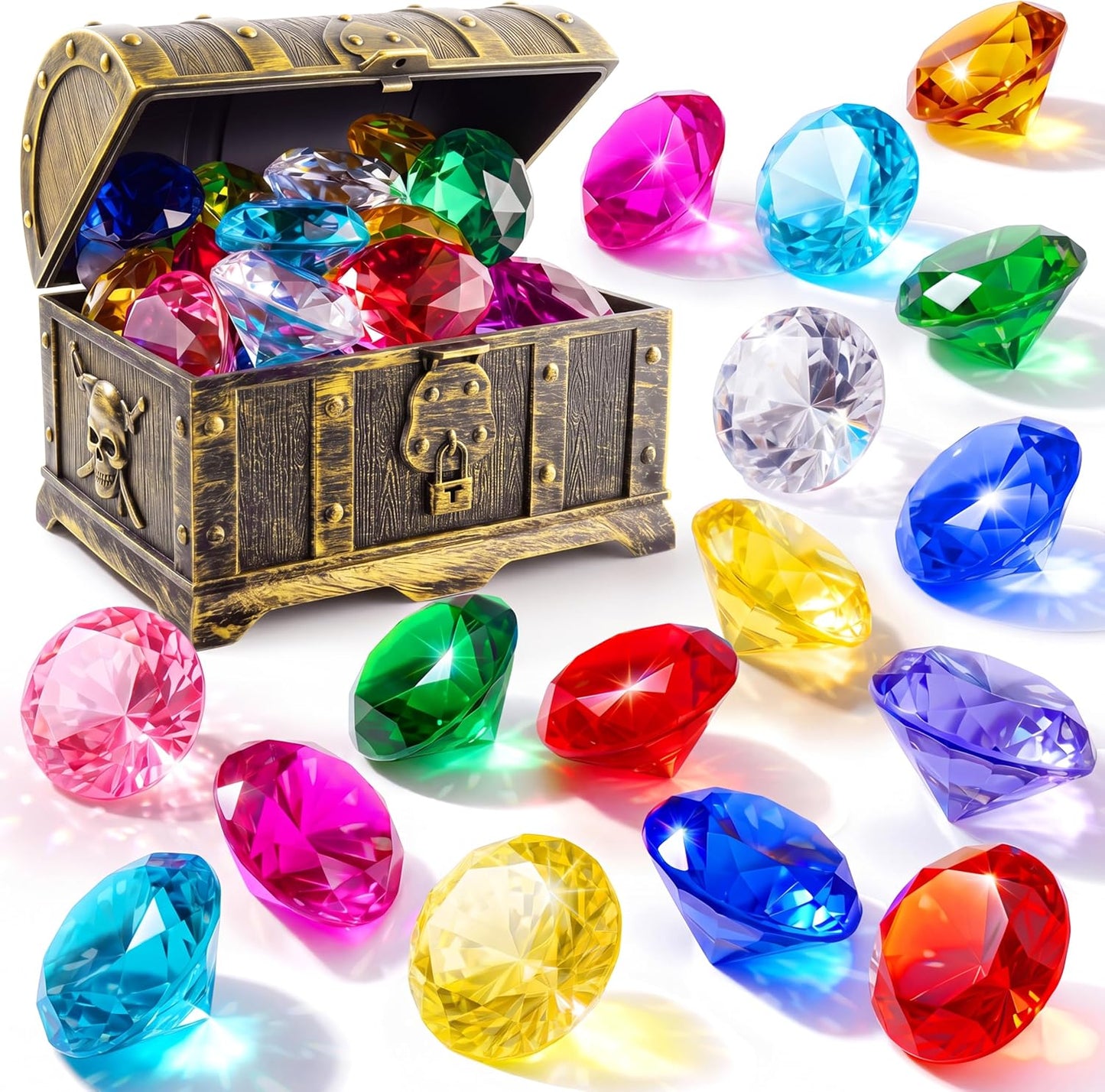 HotSloosh Diving Gems Pool Toys, 16 Big Colorful Diamond with Pirate Treasure Chest,Swim Dive Toy for Kids Underwater Gemstone Swimming Training Gift Water Pool Games(Gold)