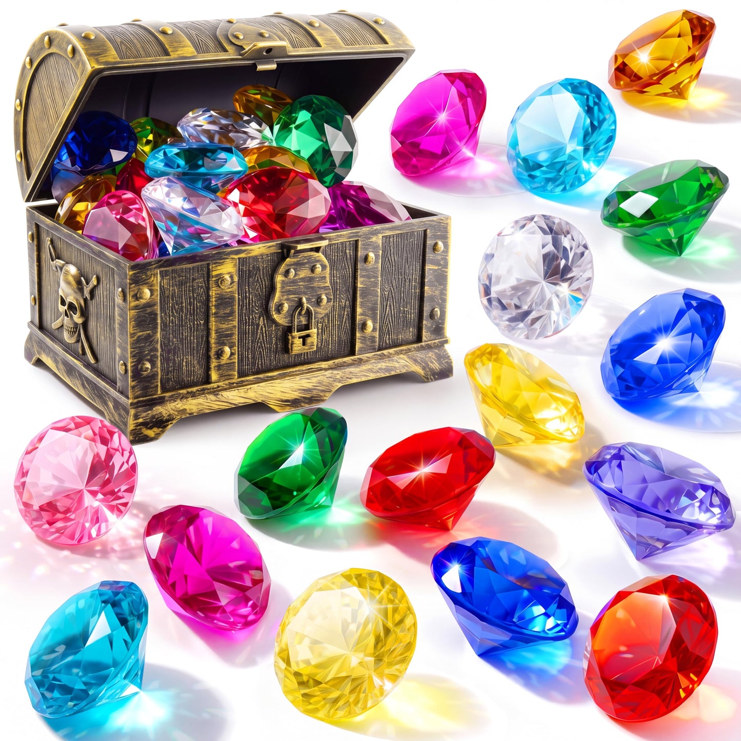 HotSloosh Diving Gems Pool Toys, 16 Big Colorful Diamond with Pirate Treasure Chest,Swim Dive Toy for Kids Underwater Gemstone Swimming Training Gift Water Pool Games(Gold)