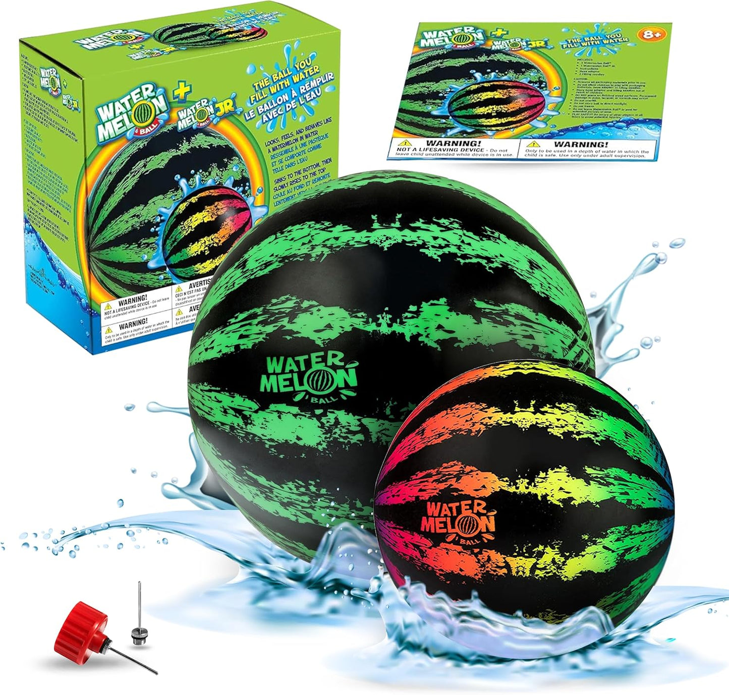 HotWatermelon Ball Pool Toys for Adults and Family - 2 Pack of 6 1/2" & 9" Kids, Teens, Everyone Swimming Games, Water Football, Tag, Diving Beach Play Fun Accessories