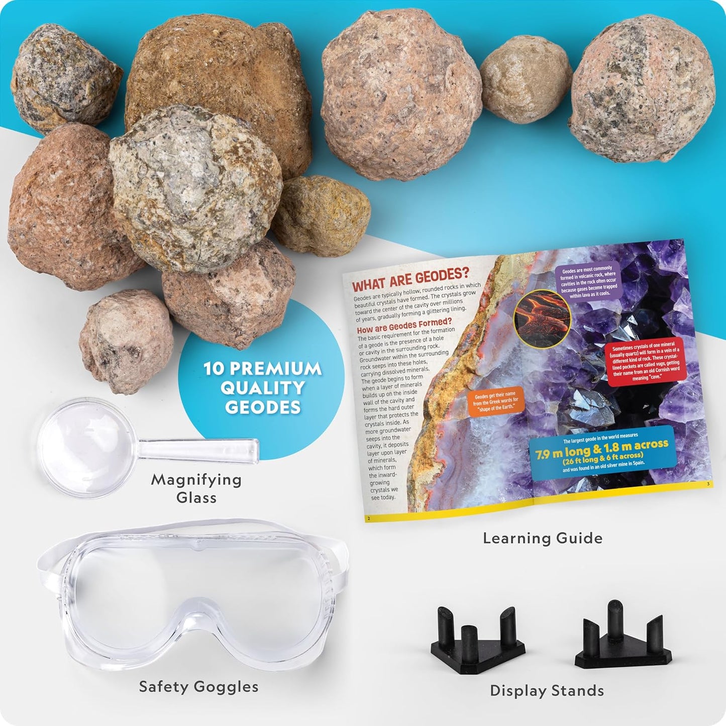 Hot National Geographic Break Open 10 Premium Geodes for Kids Ages 8-12 | Safety Goggles, Real Crystal Geodes, Geology Science Kit, Break Your Own Geodes, STEM Activity, Birthday Gift