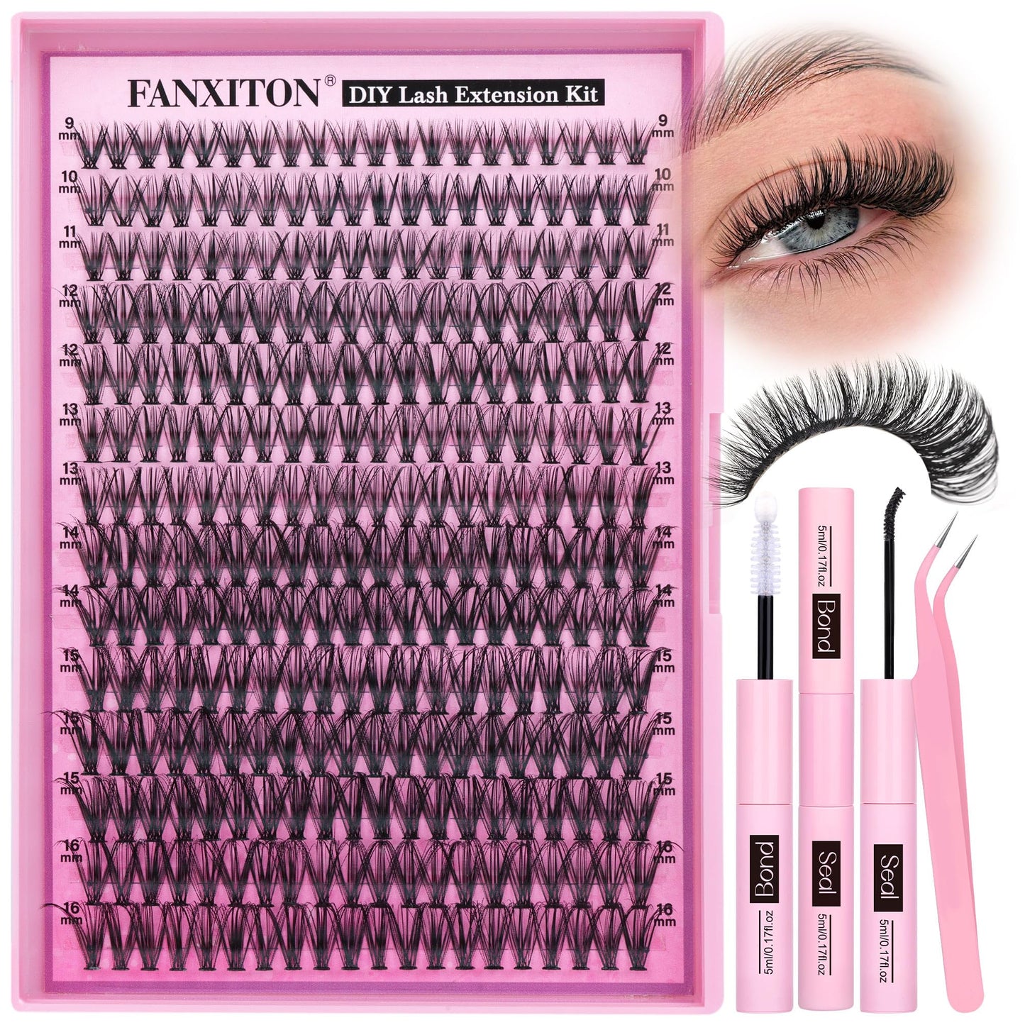 HotFANXITON DIY Individual Eyelash Extension Kit, Thick Volume Lash Clusters 40D+50D D Curvature, 280 Pieces Thin Band Cluster Lashes with Bond and Seal Tweezers