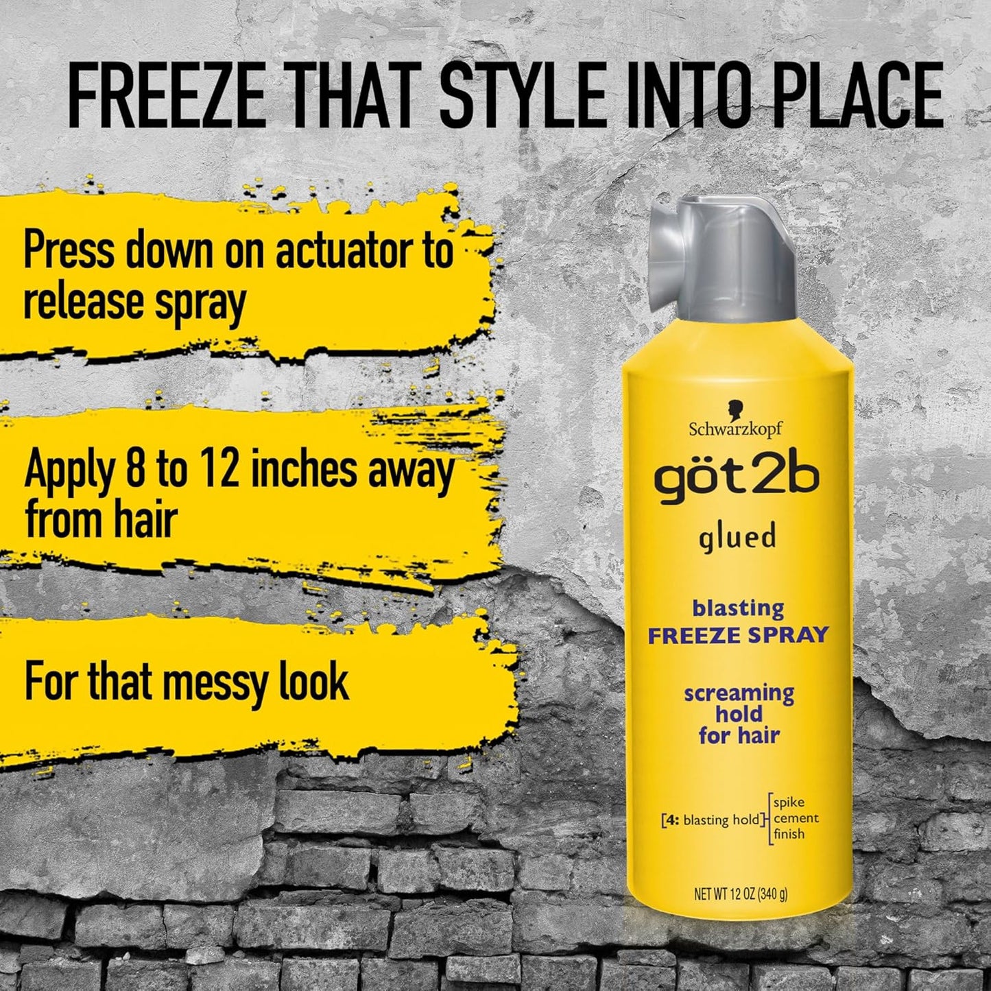 Hotgot2b Glued Blasting Freeze Hair Spray, 12 Fl Oz, Pack of 2, Extra Strong Holding Spray for Spikes & Styles, Long-Lasting All-Day Hold, Wind-Tested, Humidity-Resistant, Washes Out Easily