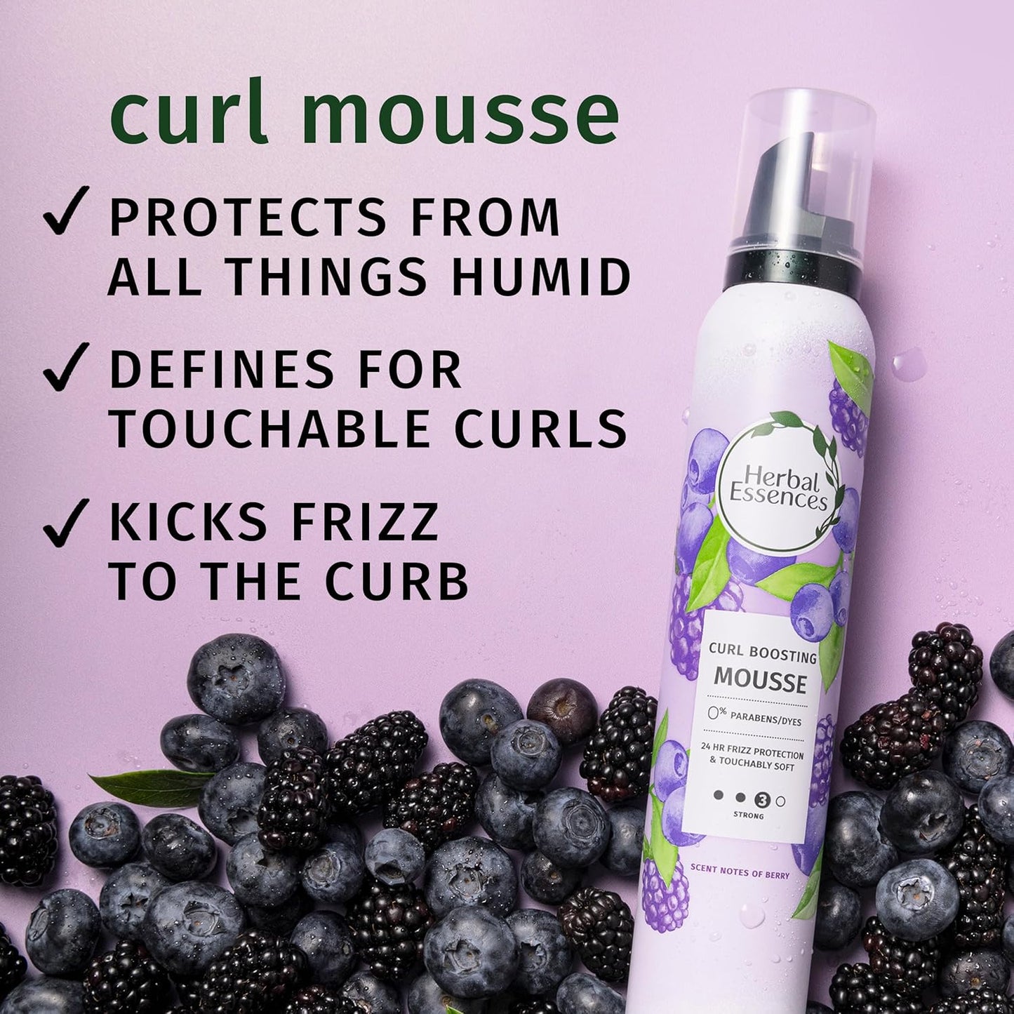 HotHerbal Essences Curl Boosting Mousse, Frizz Control for Curly & Wavy Hair, Long-Lasting Hold with Berry Scent, Paraben & Dye-Free, Cruelty-Free, 6.8 Fl Oz Each, 3 Pack