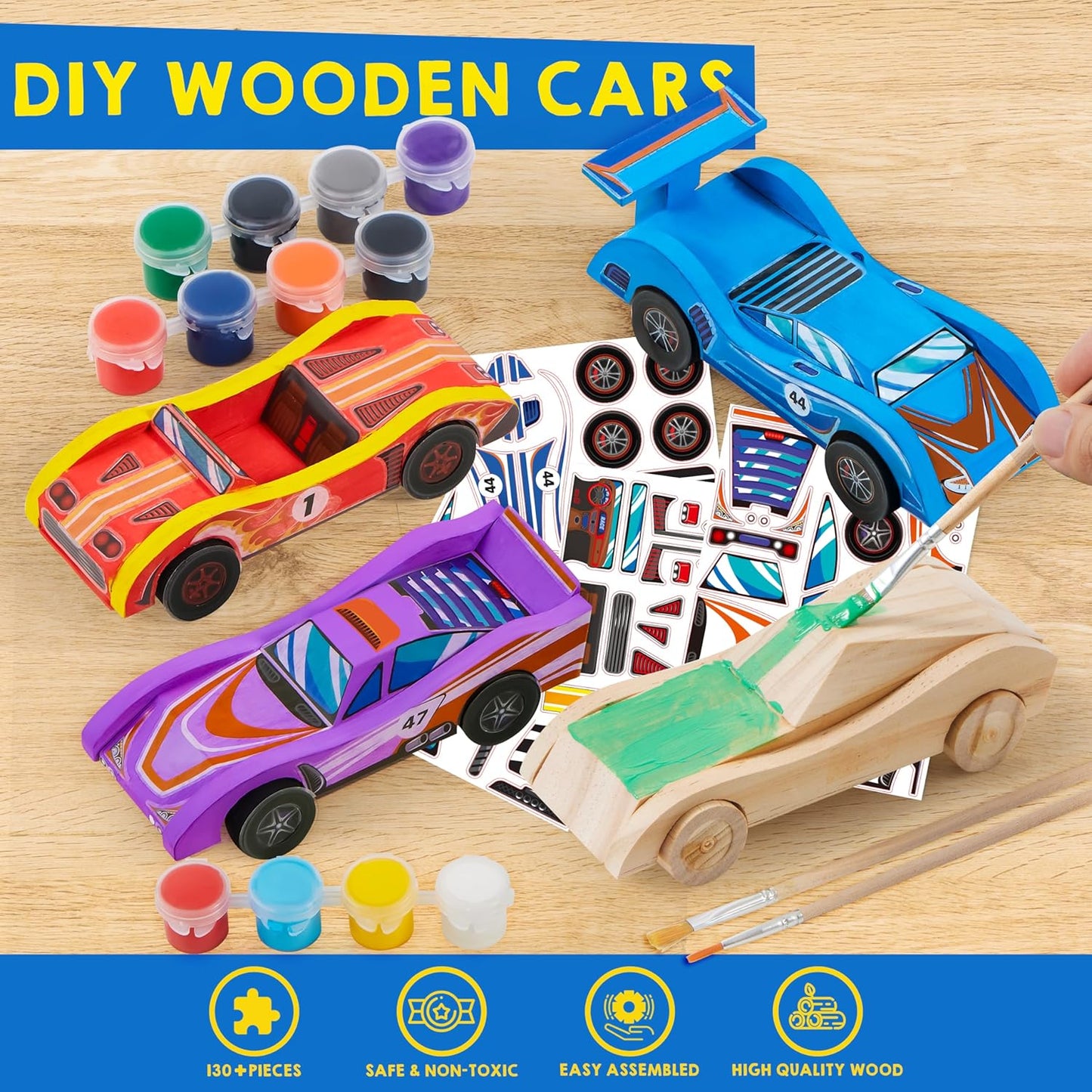 HotKlever Kits 4 DIY Wooden Race Cars-Build & Paint Your Own Wood Craft Kit, 4 Race Cars Toy, Easy to Assemble Arts Crafts Kit, Birthday Party Presents for Kids Boys and Girls