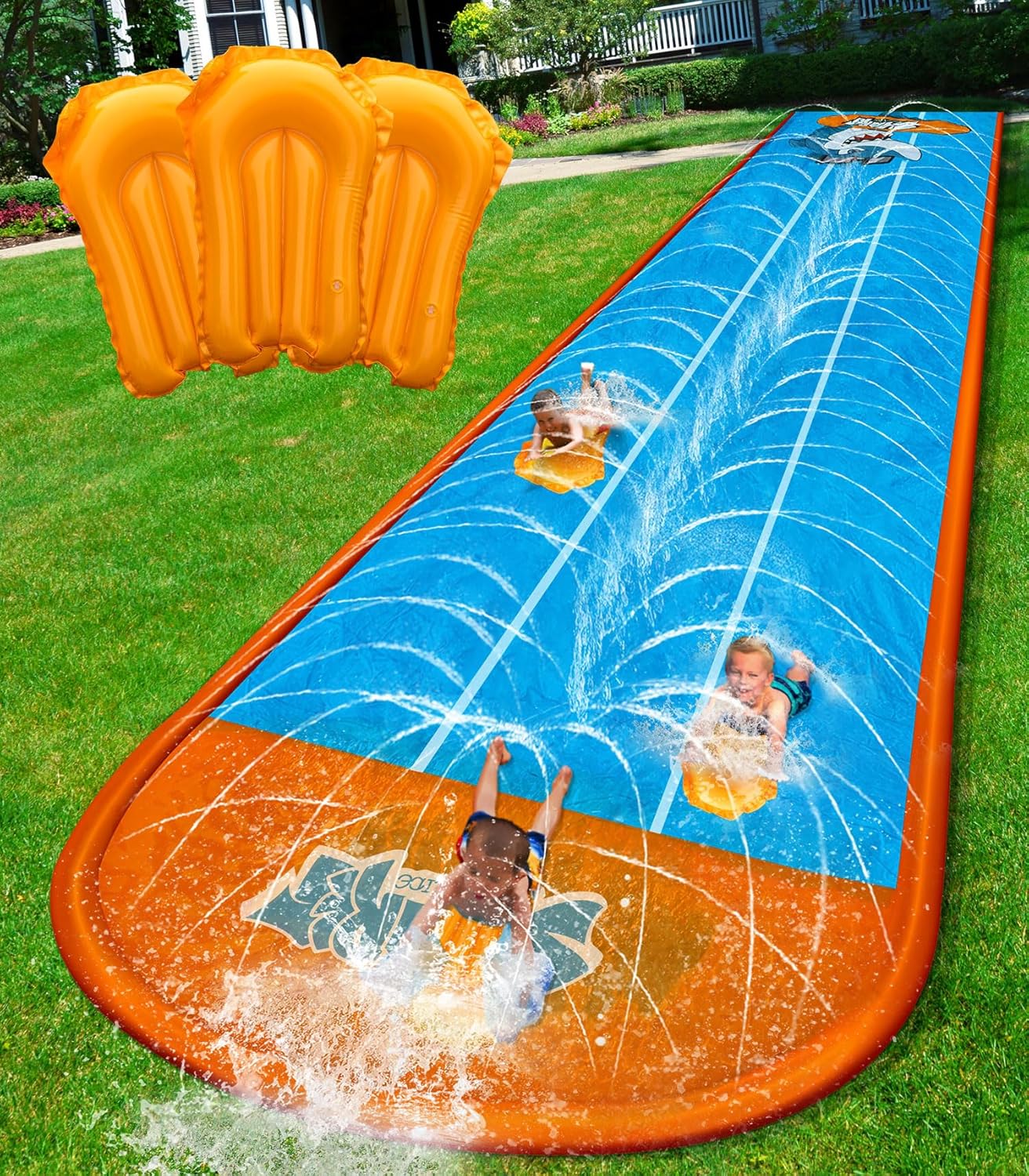 Hot Spring Water Slip and Water Slide for Kids Backyard, 22ft*3 Racing Lanes Slip Water Slides with Sprinkler for Age 5-8 8-12, Summer Outdoor Water Toy with 3 Inflatable Bodyboards