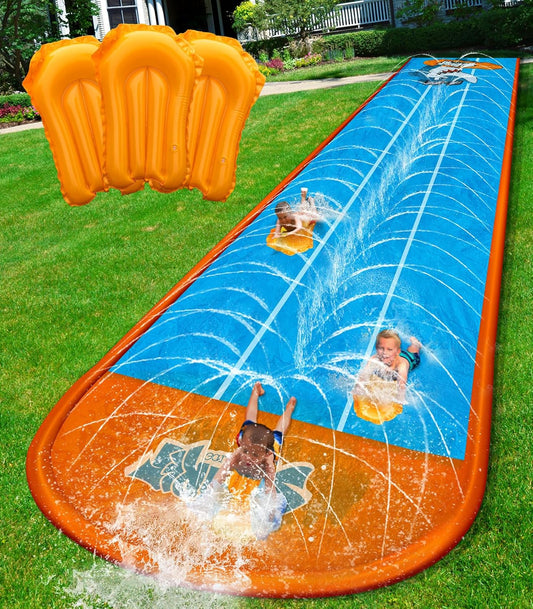 Hot Spring Water Slip and Water Slide for Kids Backyard, 22ft*3 Racing Lanes Slip Water Slides with Sprinkler for Age 5-8 8-12, Summer Outdoor Water Toy with 3 Inflatable Bodyboards