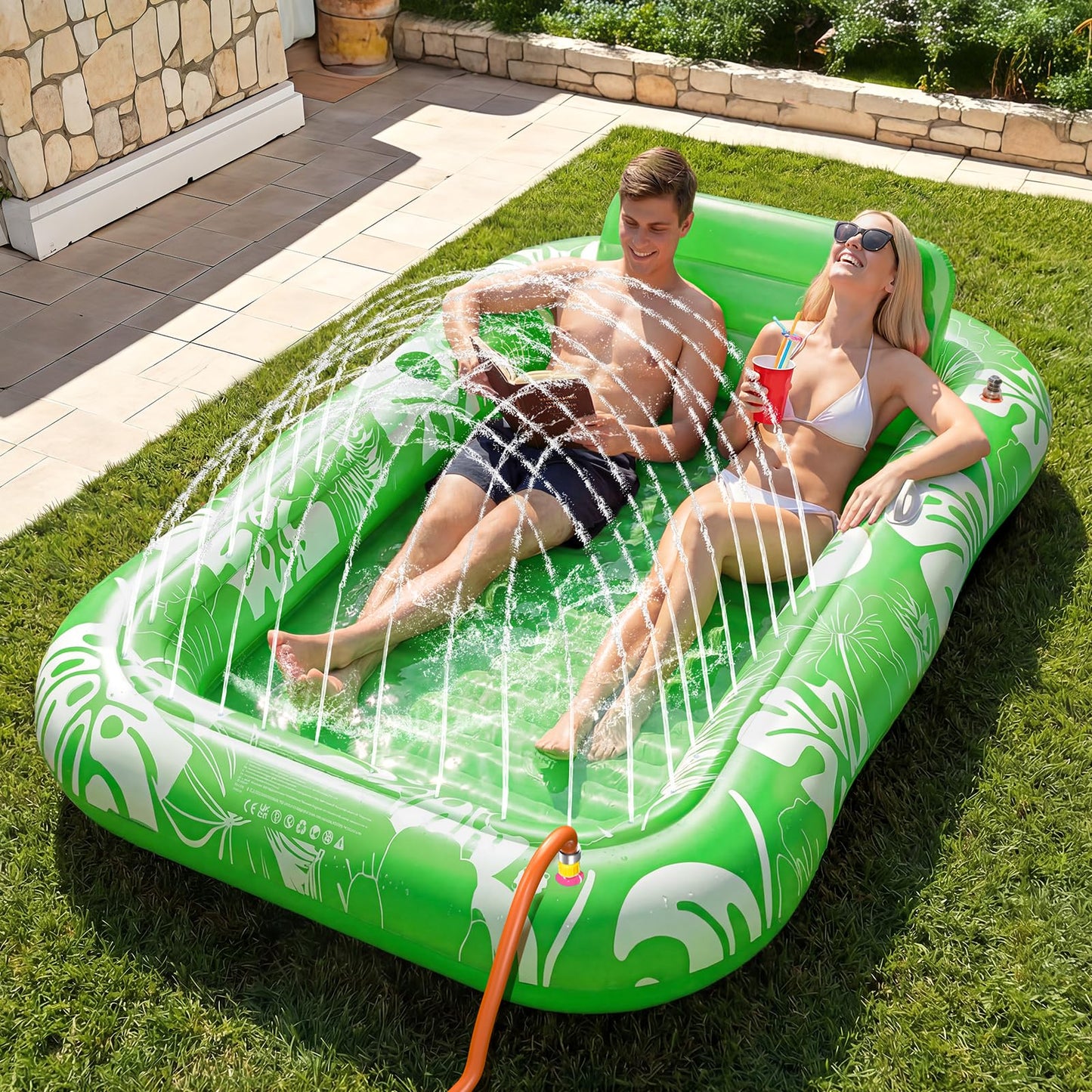 HotInflatable Tanning Pool Lounger Float with Sprinkler, 77" x 48" Pool Floats Adult with Pillow, 6 in 1 Suntan Tub Raft Floatie with Drink Holder Sunbathing Water Lounge