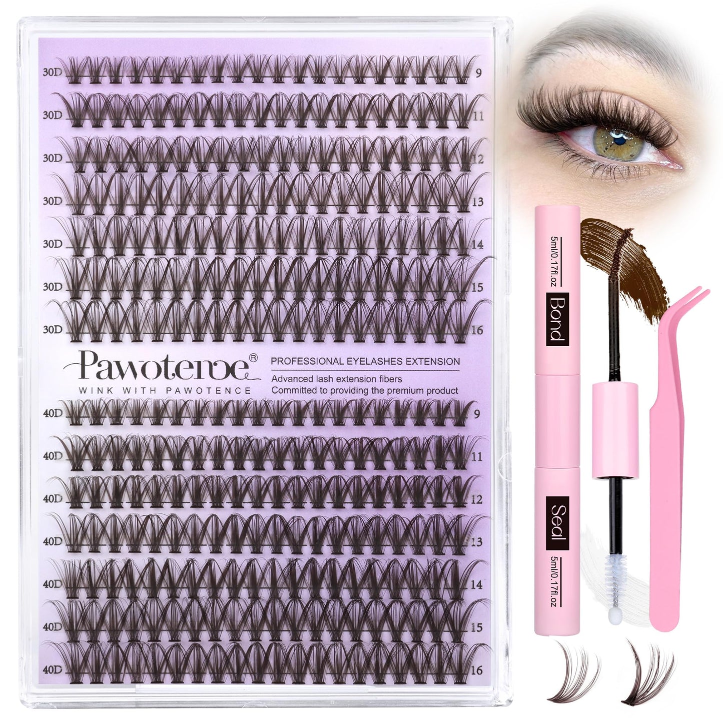 HotPawotence Lash Extension Kit DIY 280pcs Lash Clusters Eyelash Extension Kit, 9-16mm 30D 40D Individual Lashes Kit with Lash Bond and Seal, Lash Tweezers for Self Use (30D&40D, 0.07D, 9-16mm, Kit)