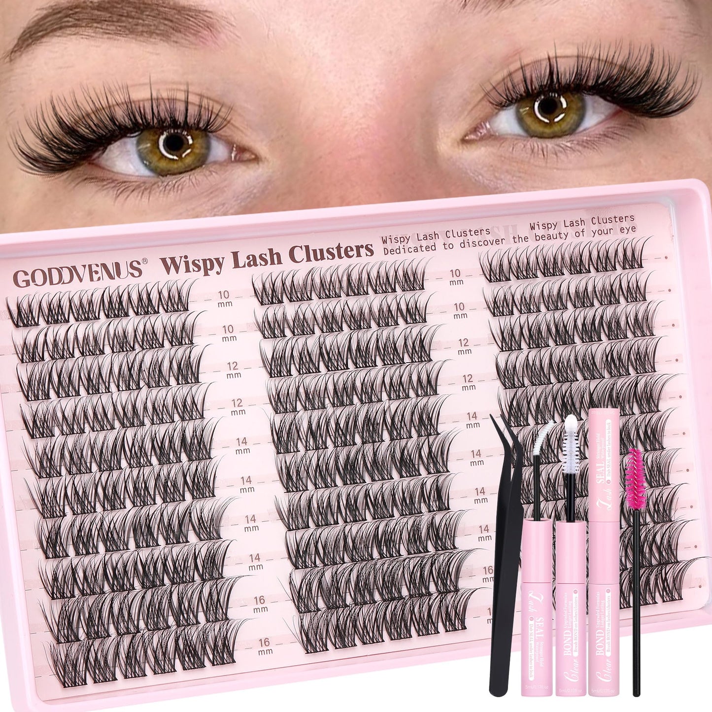 HotGoddvenus Lash Clusters Kit Wispy Eyelash Clusters Lashes Natural DIY Lash Extension Kit 10-16mm Cluster Eyelash Extensions Kit 300pcs C Curl Individual Lashes Cluster Eyelash (With Tweezers)