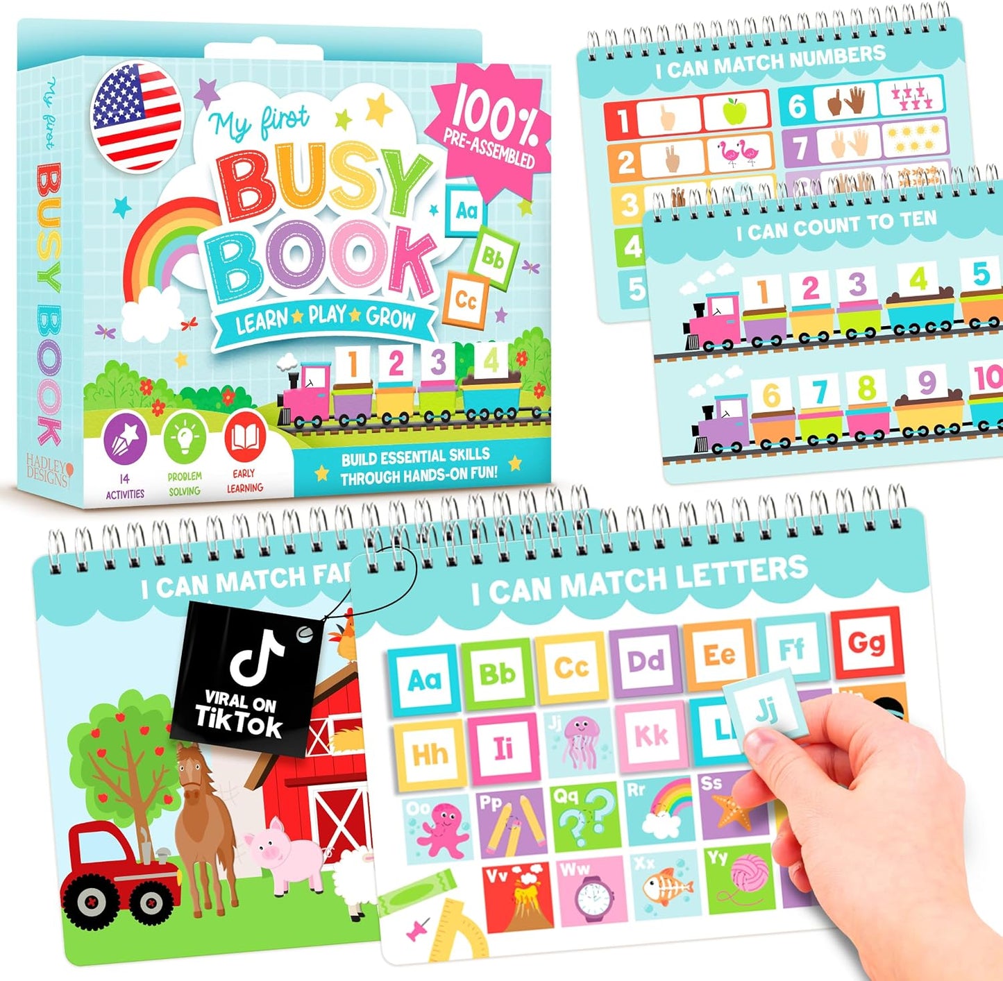 HotHadley Designs My First Busy Book Toddlers 3-5, Montessori Preschool Learning Activities Age 4-5, 174 Pcs Velcro Busy Book, Travel Toys Airplane Car Quiet Time, Sensory Toys, Toddler Birthday Gift